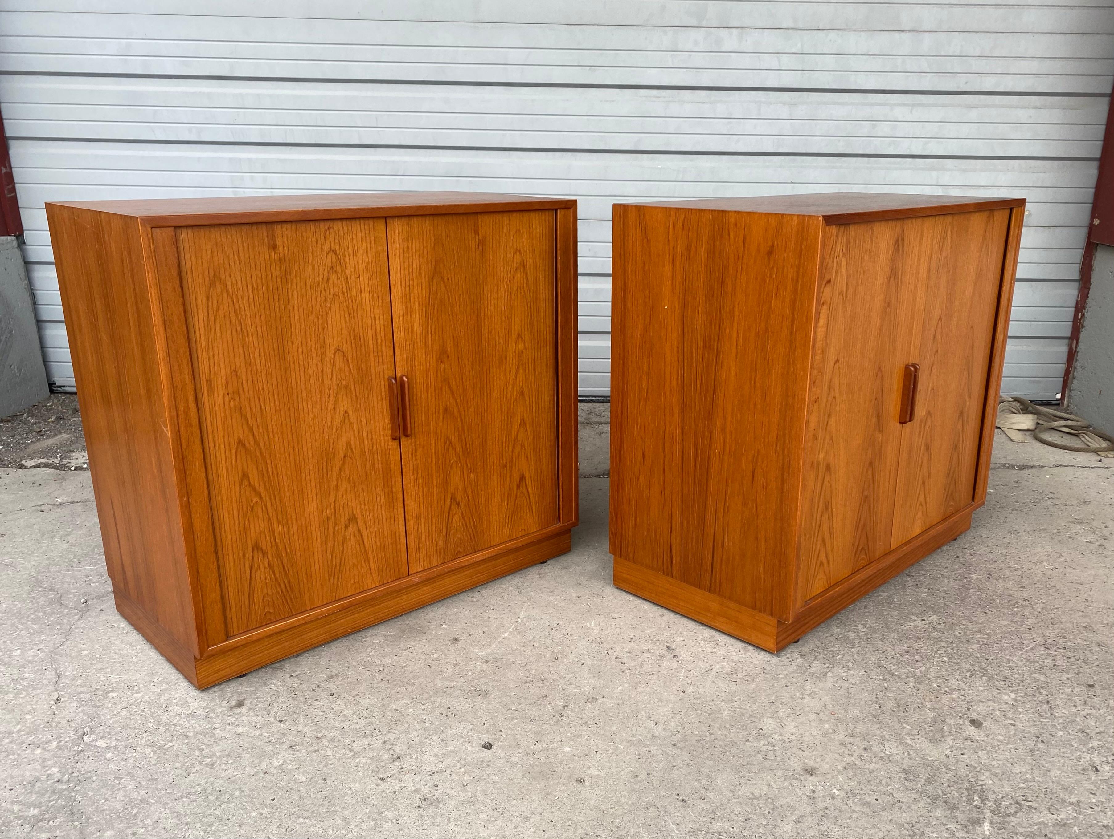 Matched Pair Teak Tambour Door Cabinets / Servers Made in Denmark In Good Condition For Sale In Buffalo, NY