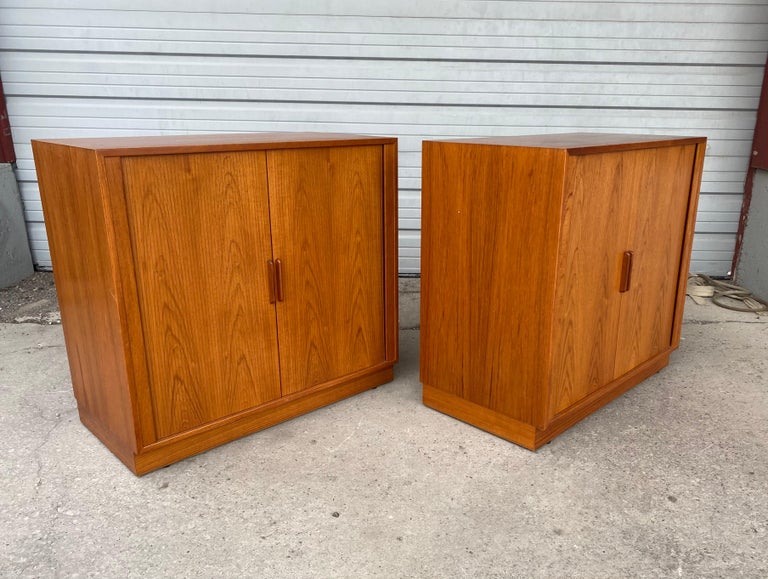 Mid-20th Century Matched Pair Teak Tambour Door Cabinets / Servers Made in Denmark For Sale