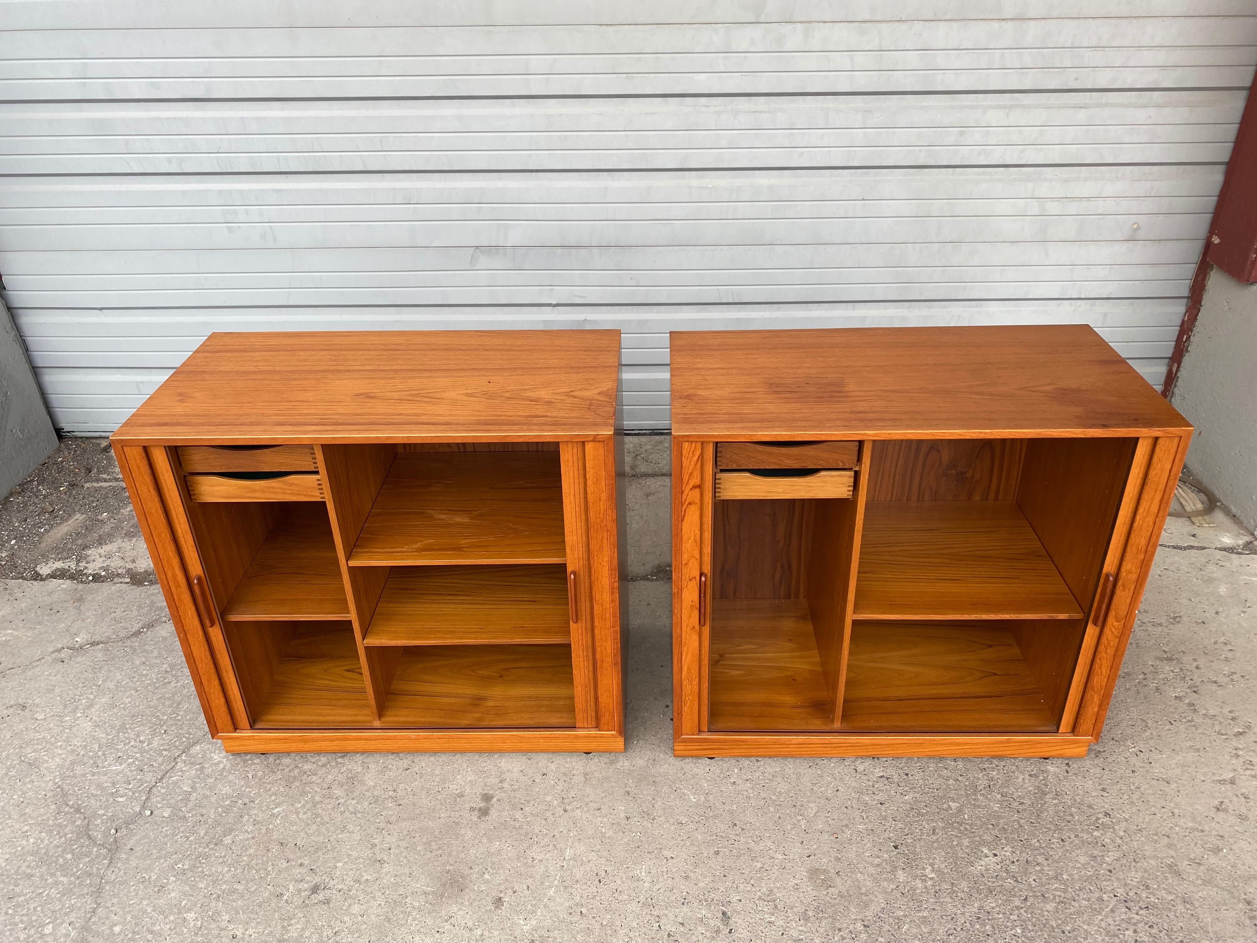 Mid-20th Century Matched Pair Teak Tambour Door Cabinets / Servers Made in Denmark For Sale