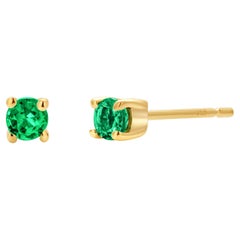 Matched Pair Tiny Round Emerald Yellow Gold Prong Set Stud Earrings
