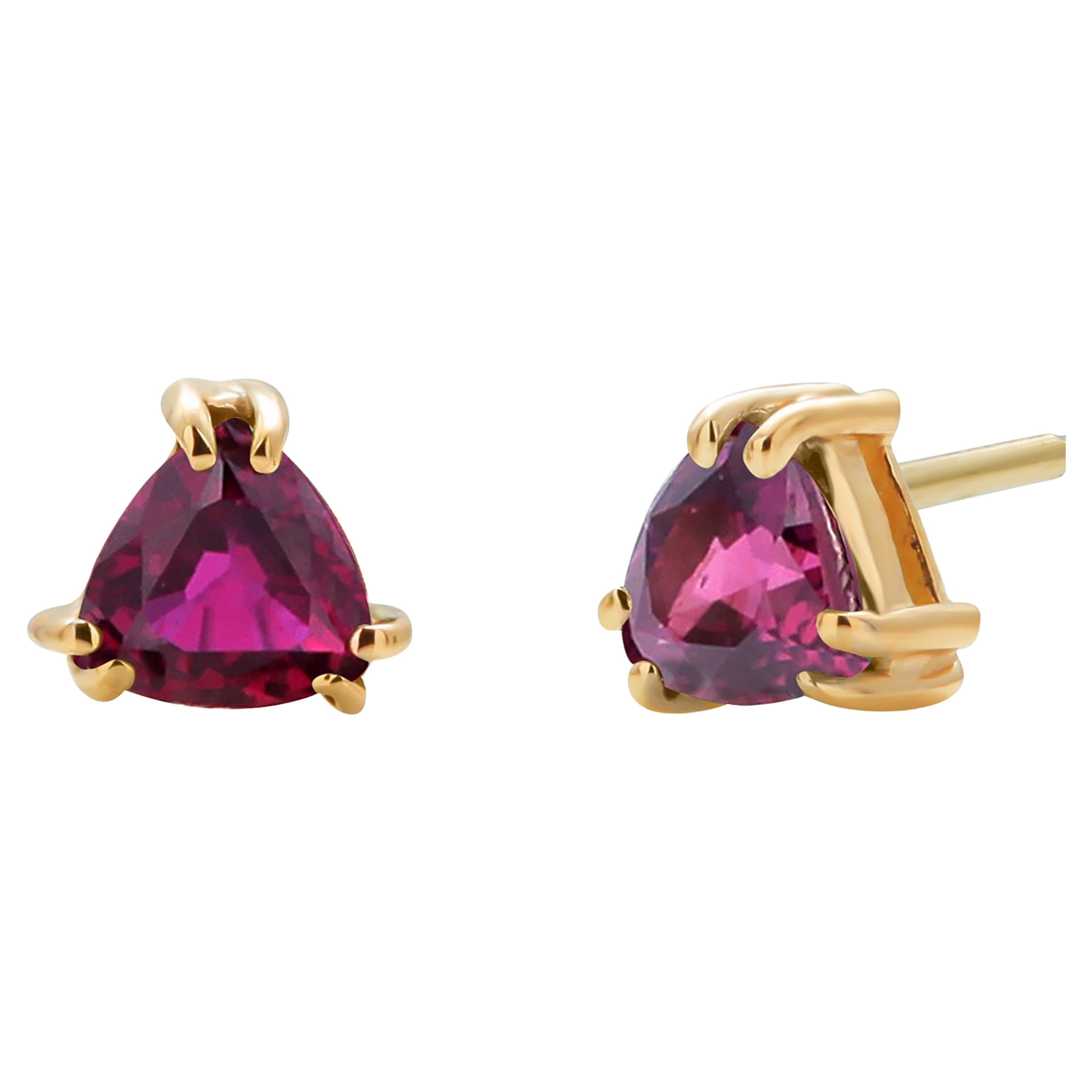 Matched Pair Triangle Ruby Yellow Gold Triangle Shaped Stud Earrings For Sale at 1stDibs