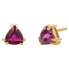 Matched Pair Triangle Ruby Yellow Gold Triangle Shaped Stud Earrings
