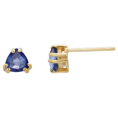 Matched Pair Triangle Sapphire 0.44 Carat Yellow Gold 0.18 Inch Stud Earrings