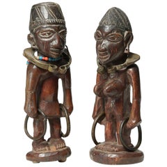 Matched Pair of Tribal Yoruba Ibeji "Twin" Figures, Male/Female with Bracelets