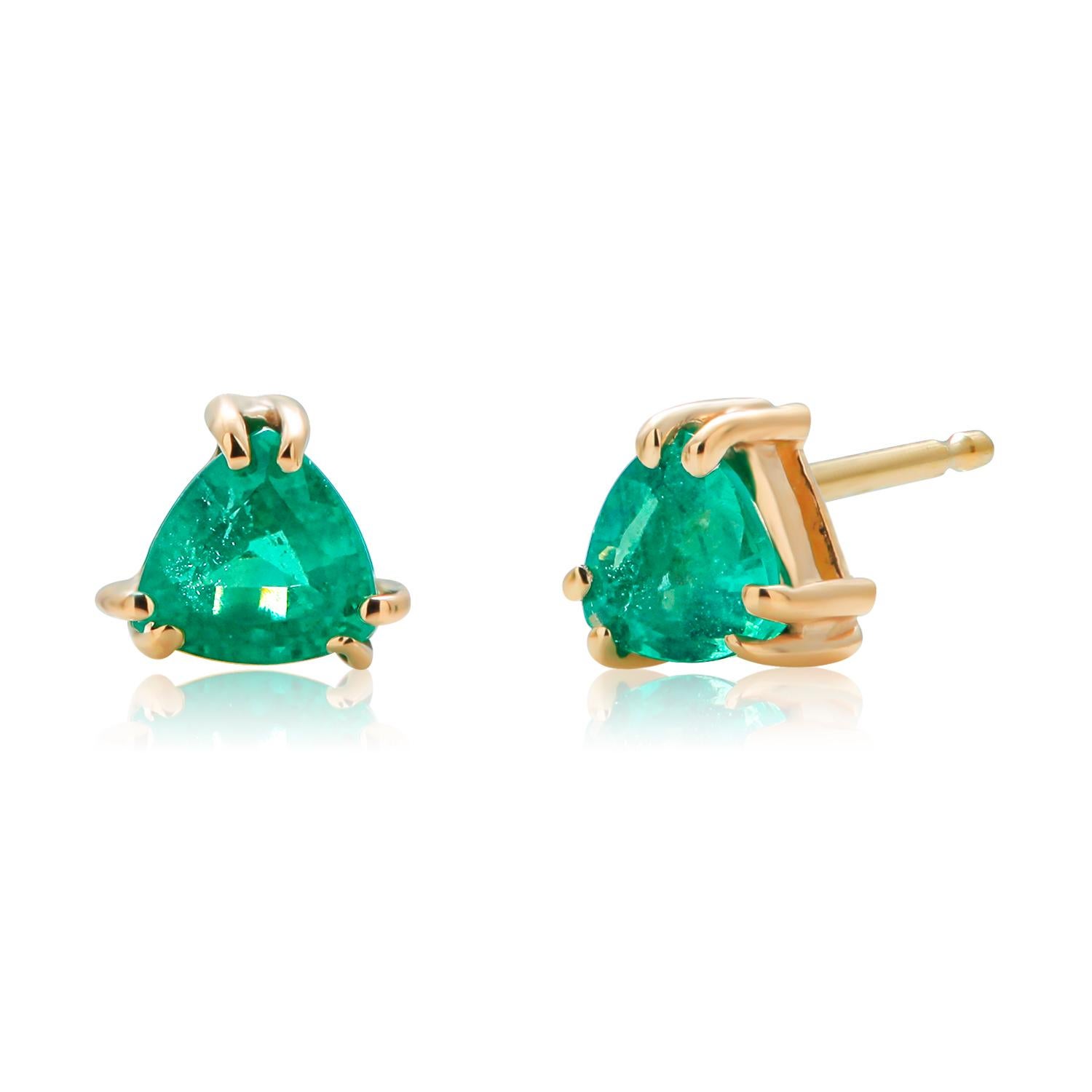 Contemporary Matched Pair Trillion Emerald Yellow Gold Triangle Shaped Stud Earrings