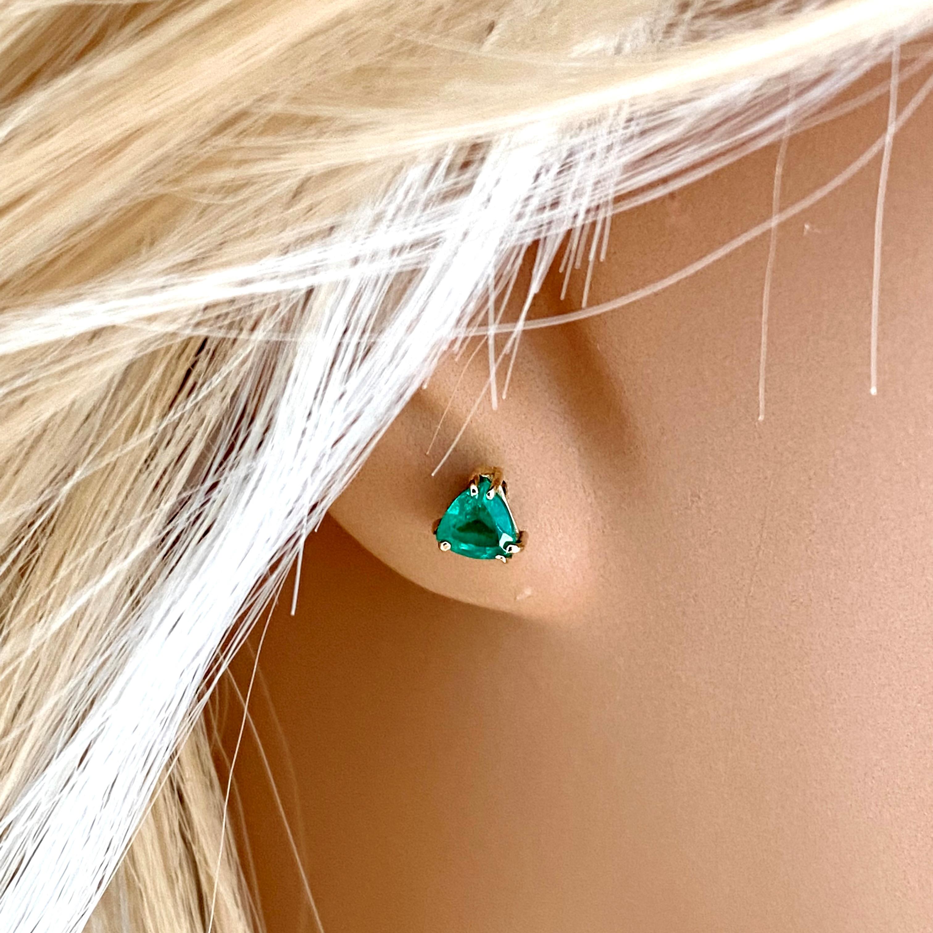Trillion Cut Matched Pair Trillion Emerald Yellow Gold Triangle Shaped Stud Earrings