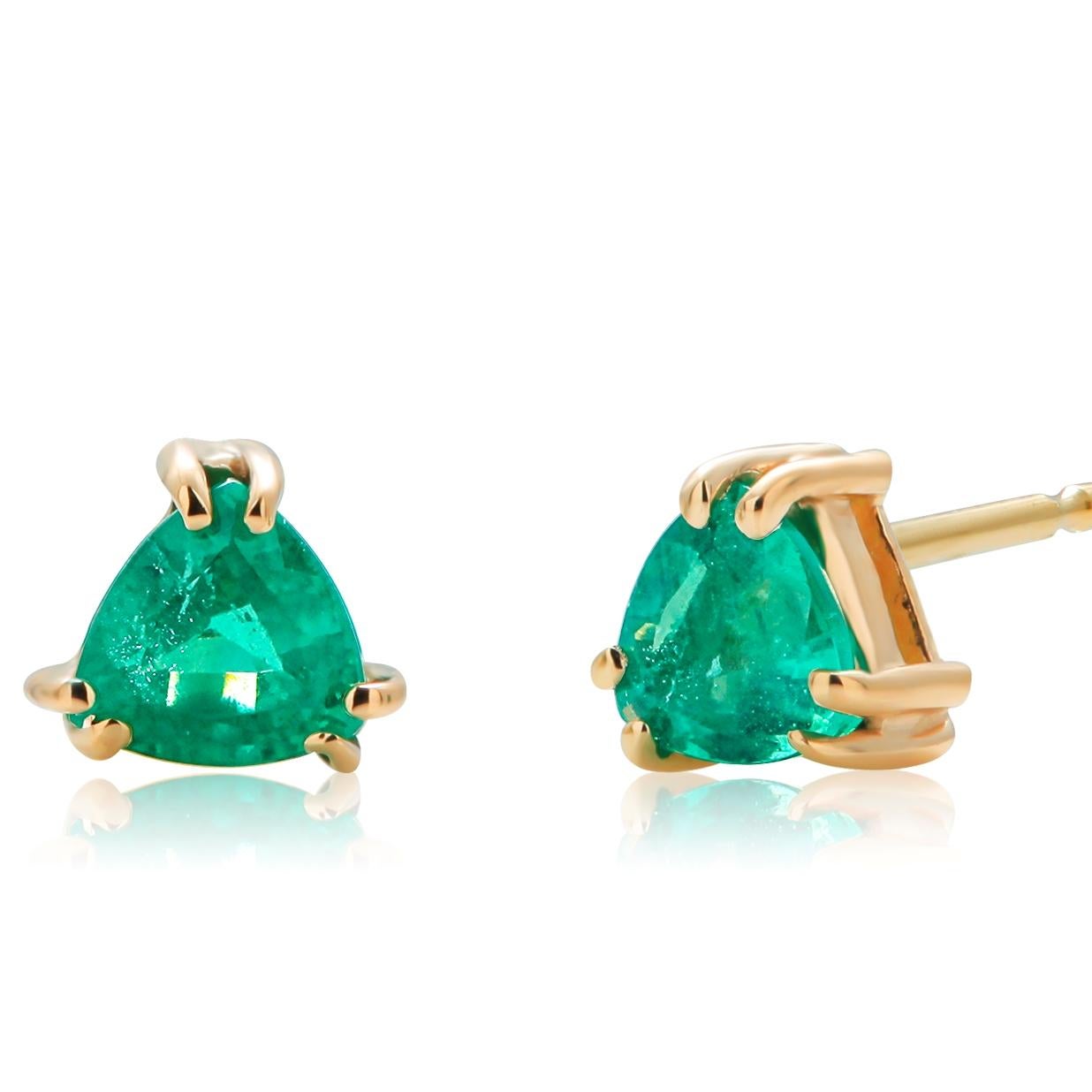 Matched Pair Trillion Emerald Yellow Gold Triangle Shaped Stud Earrings 3