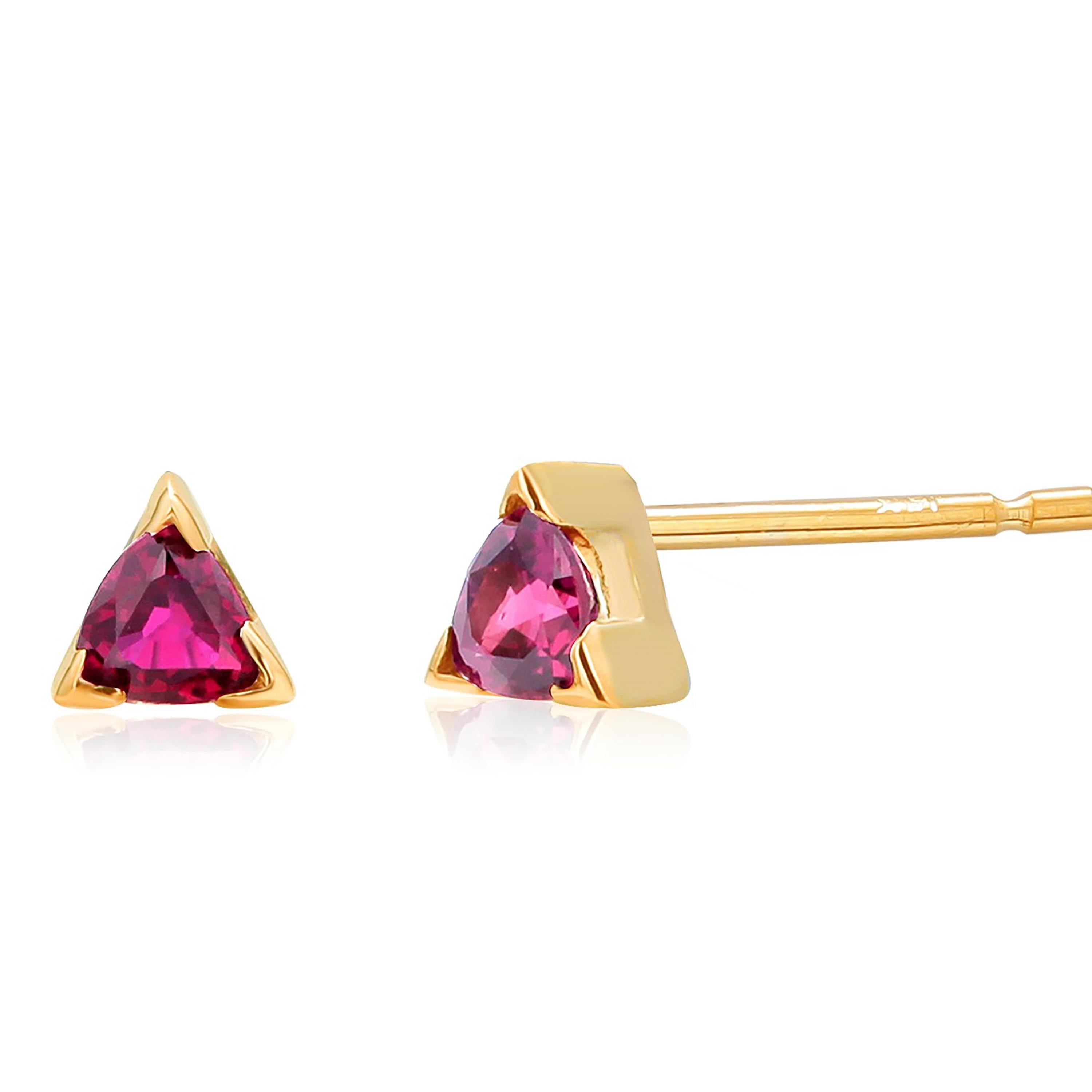 Trillion Cut Matched Pair Round Ruby Yellow Gold Triangle Shaped Stud Earrings