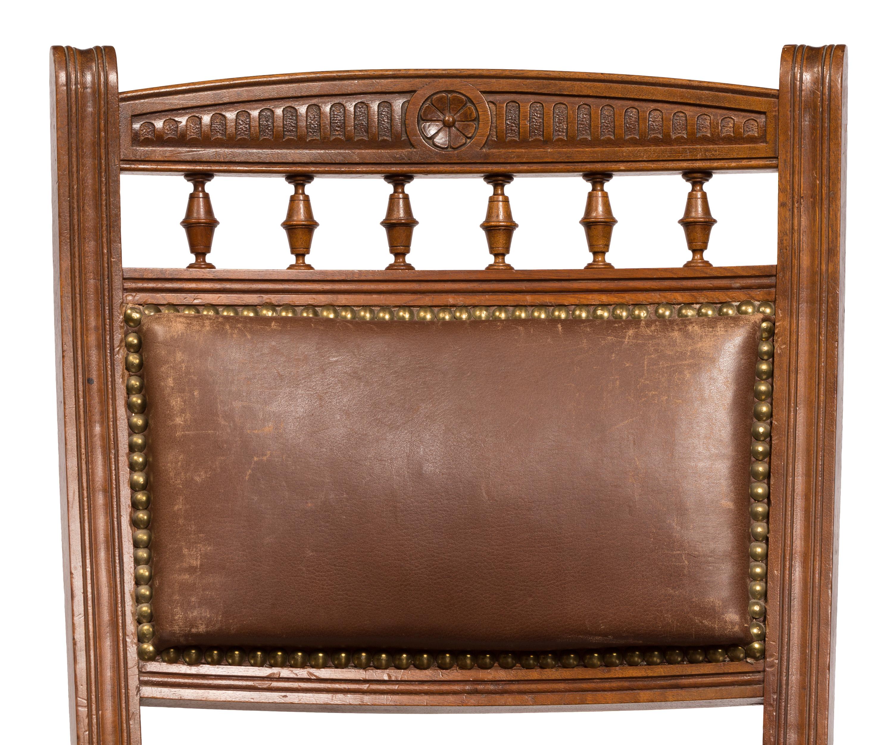 Hardwood Matched Pair Victorian Style Chocolate Brown Leather Upholstered Dining Chairs For Sale