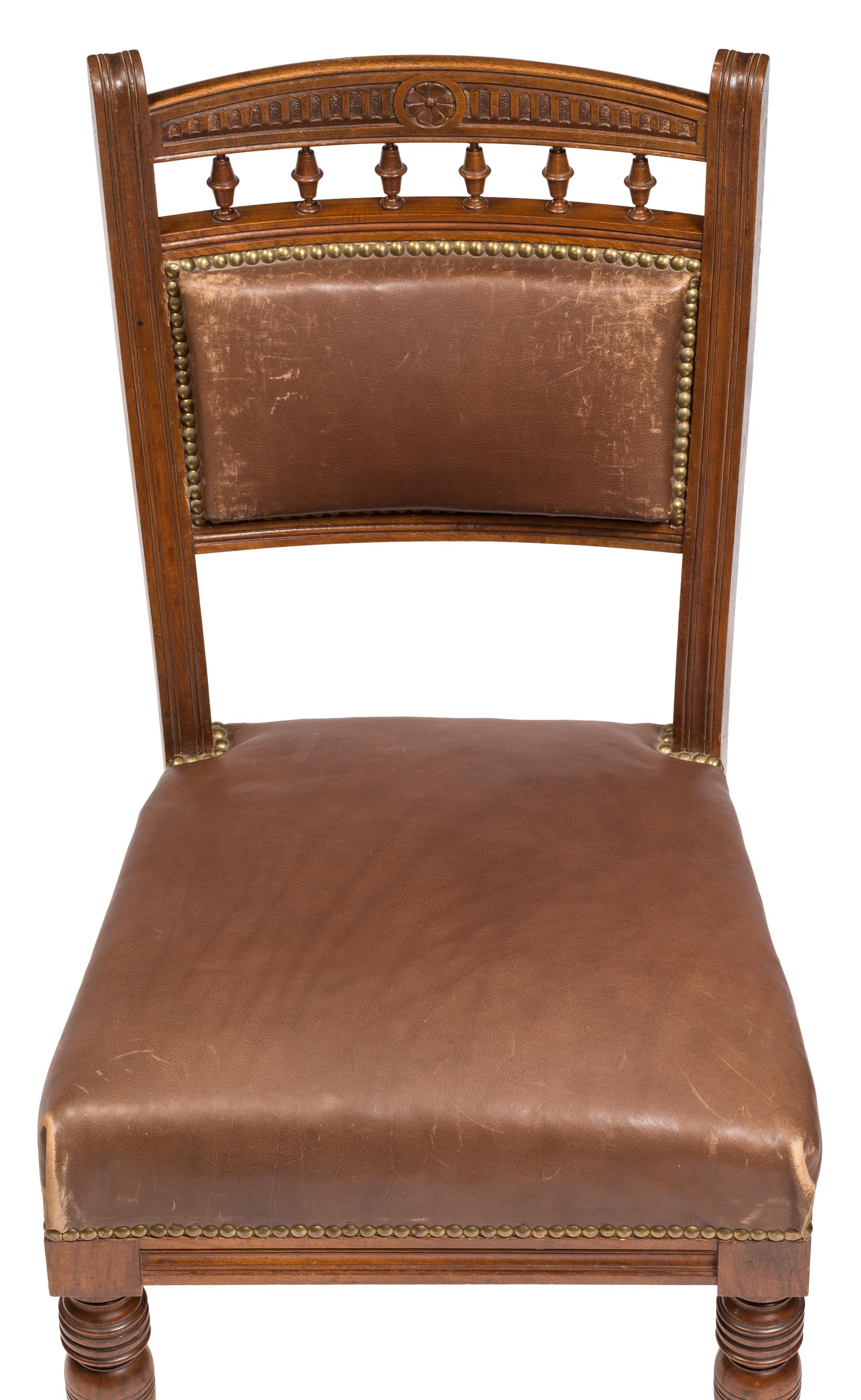 Matched Pair Victorian Style Chocolate Brown Leather Upholstered Dining Chairs For Sale 3