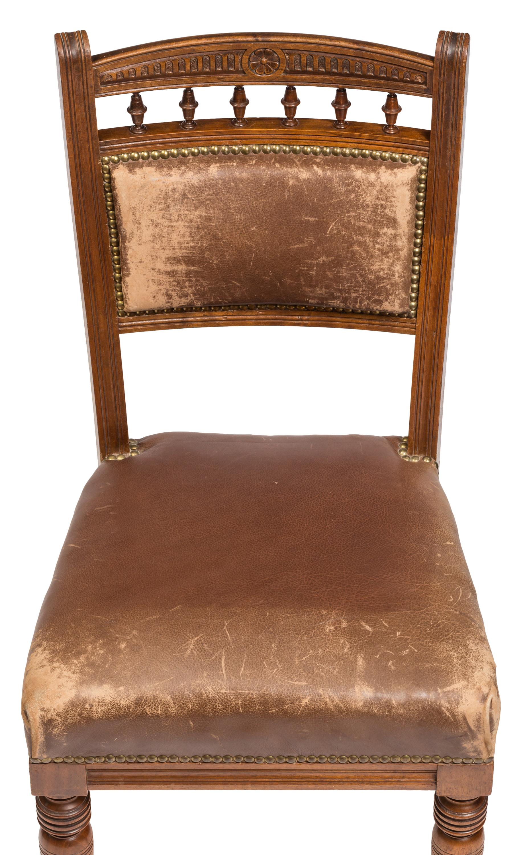 Matched Pair Victorian Style Chocolate Brown Leather Upholstered Dining Chairs For Sale 4