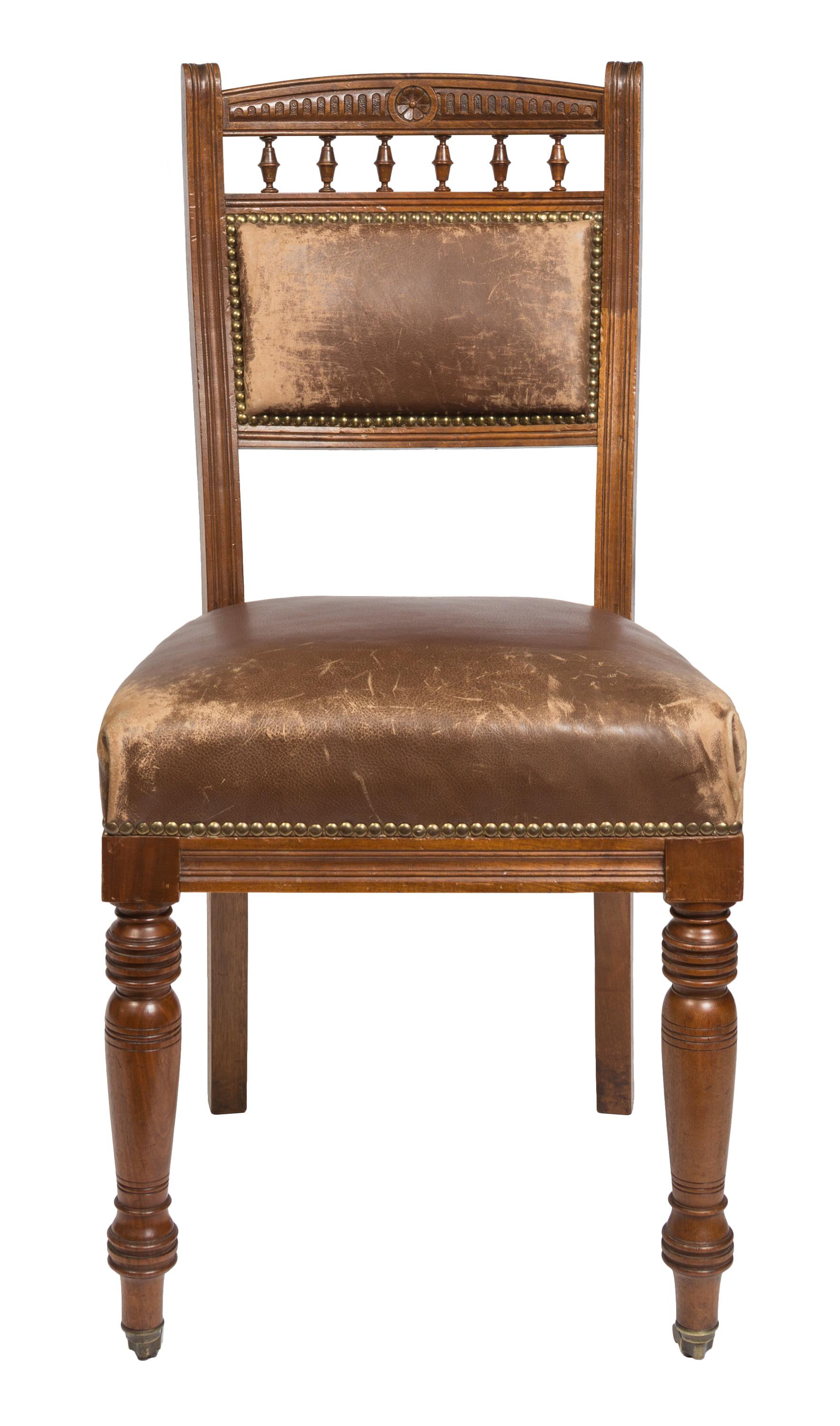 British Matched Pair Victorian Style Chocolate Brown Leather Upholstered Dining Chairs For Sale
