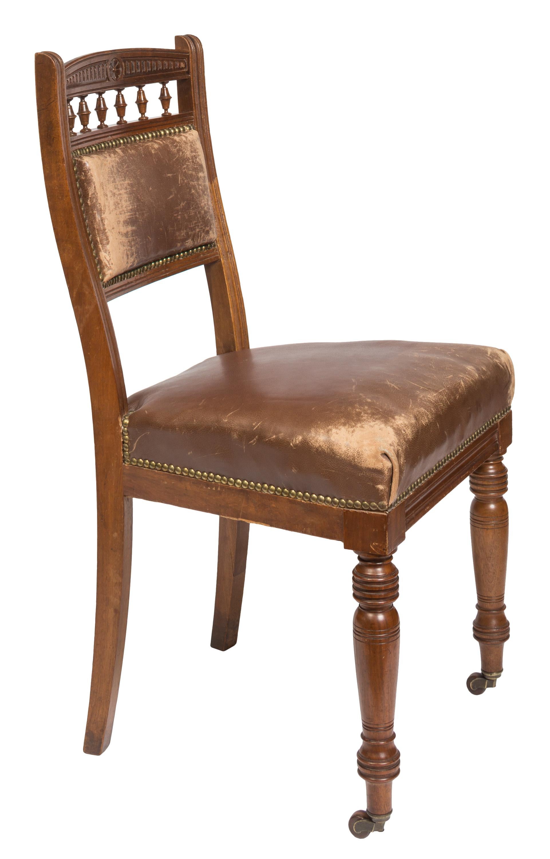 Carved Matched Pair Victorian Style Chocolate Brown Leather Upholstered Dining Chairs For Sale