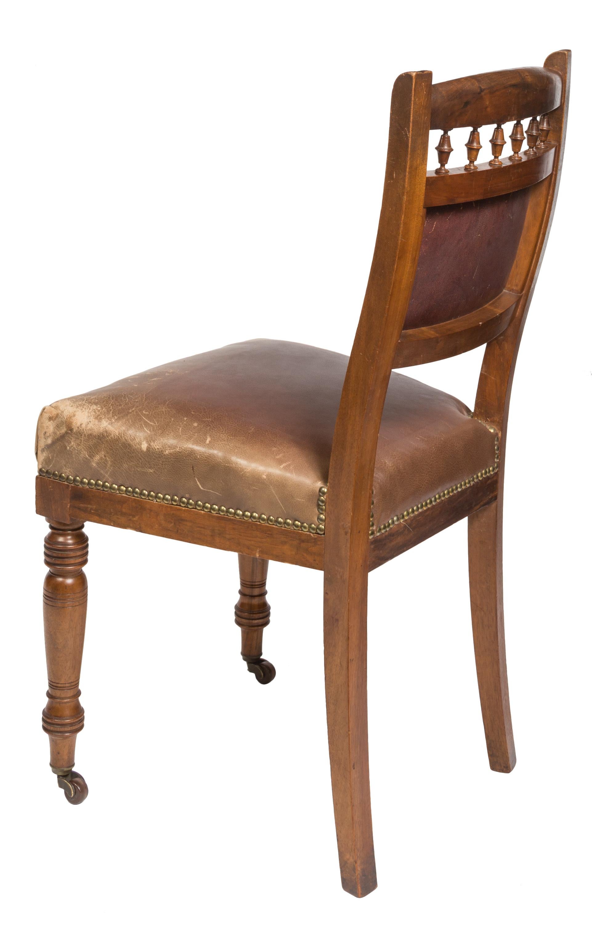 19th Century Matched Pair Victorian Style Chocolate Brown Leather Upholstered Dining Chairs For Sale