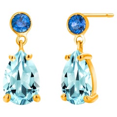 Pale Pear Aquamarine 2.80 Carats Sapphire 0.35 Carat 1 Inch Long Drop Earrings 