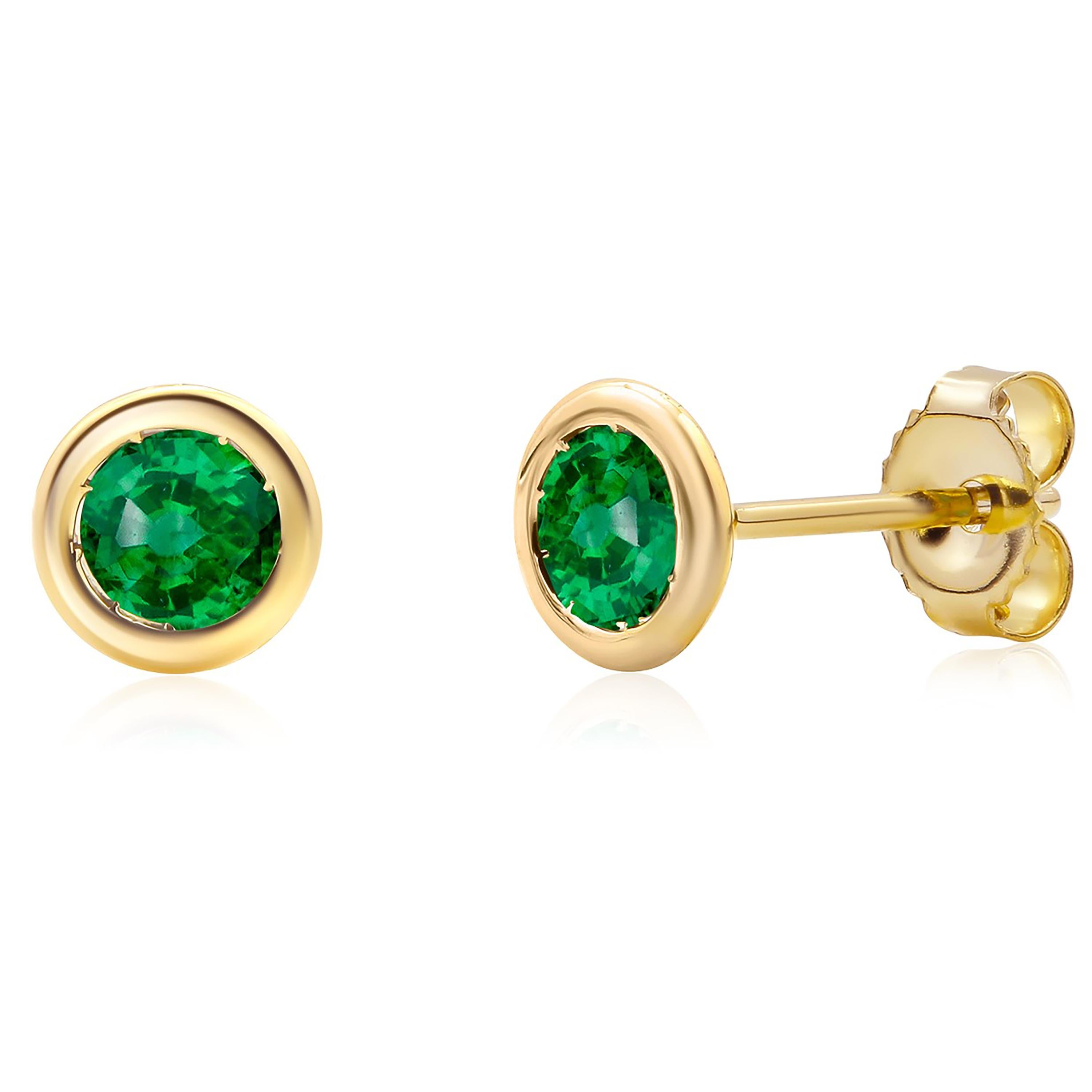 Round Cut Matched Round Emerald 0.40 Carats Bezel Set Yellow Gold 0.23 Inch Stud Earrings