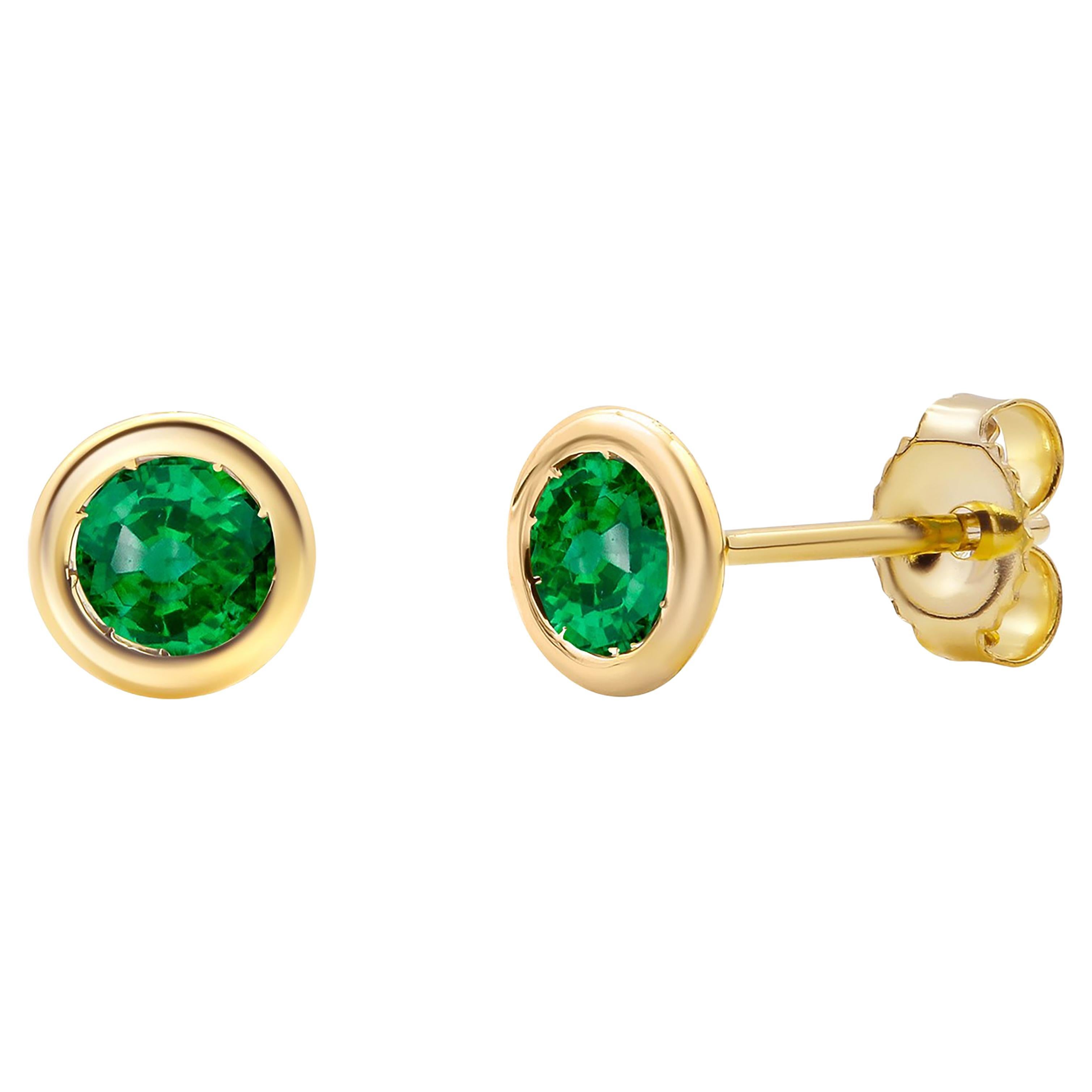 Matched Round Emerald 0.40 Inch Bezel Set Yellow Gold 0.23 Inch Stud Earrings For Sale