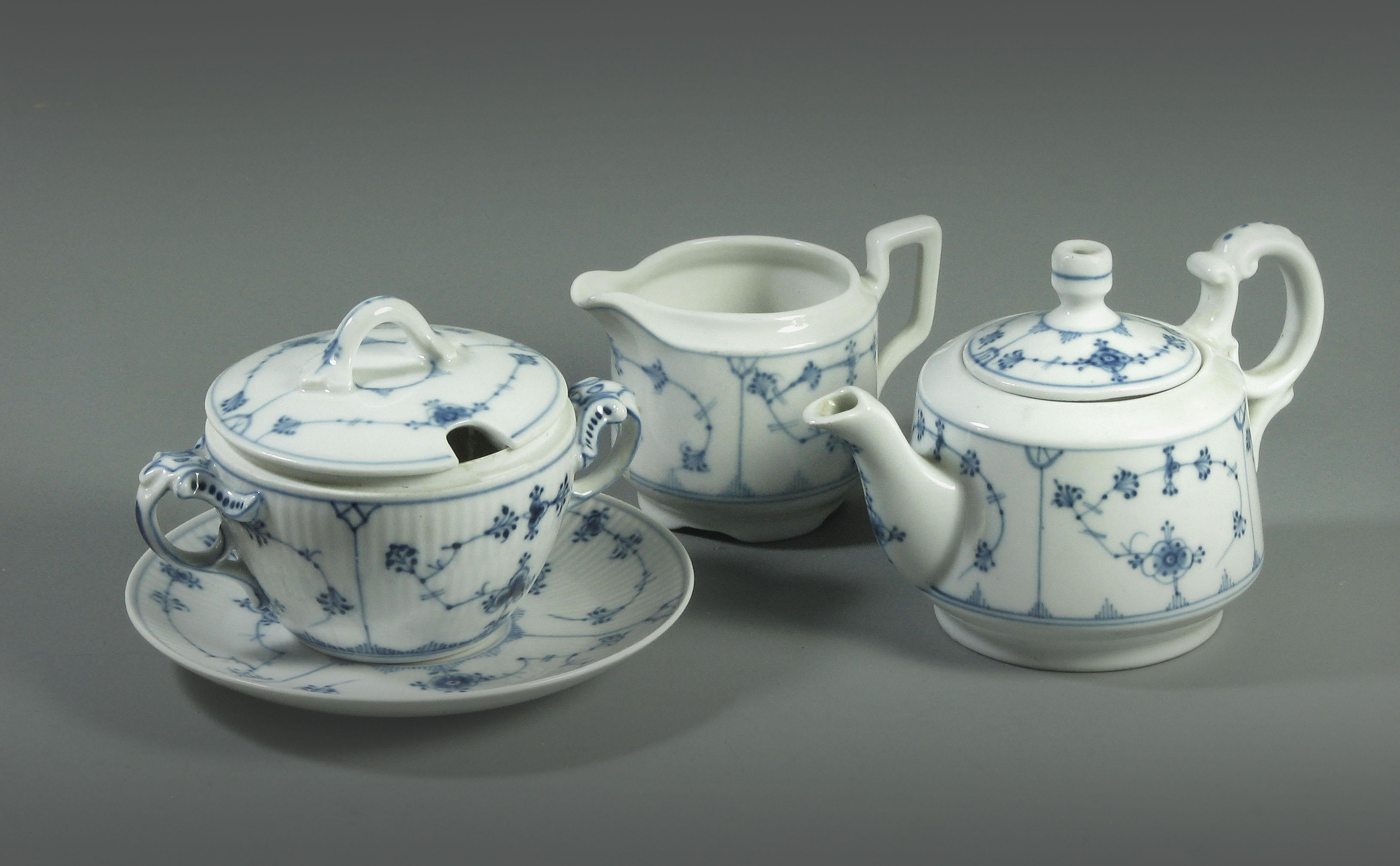 International Style Matched Royal Copenhagen & Porsgrund Three Piece Tea Set and Saucer For Sale