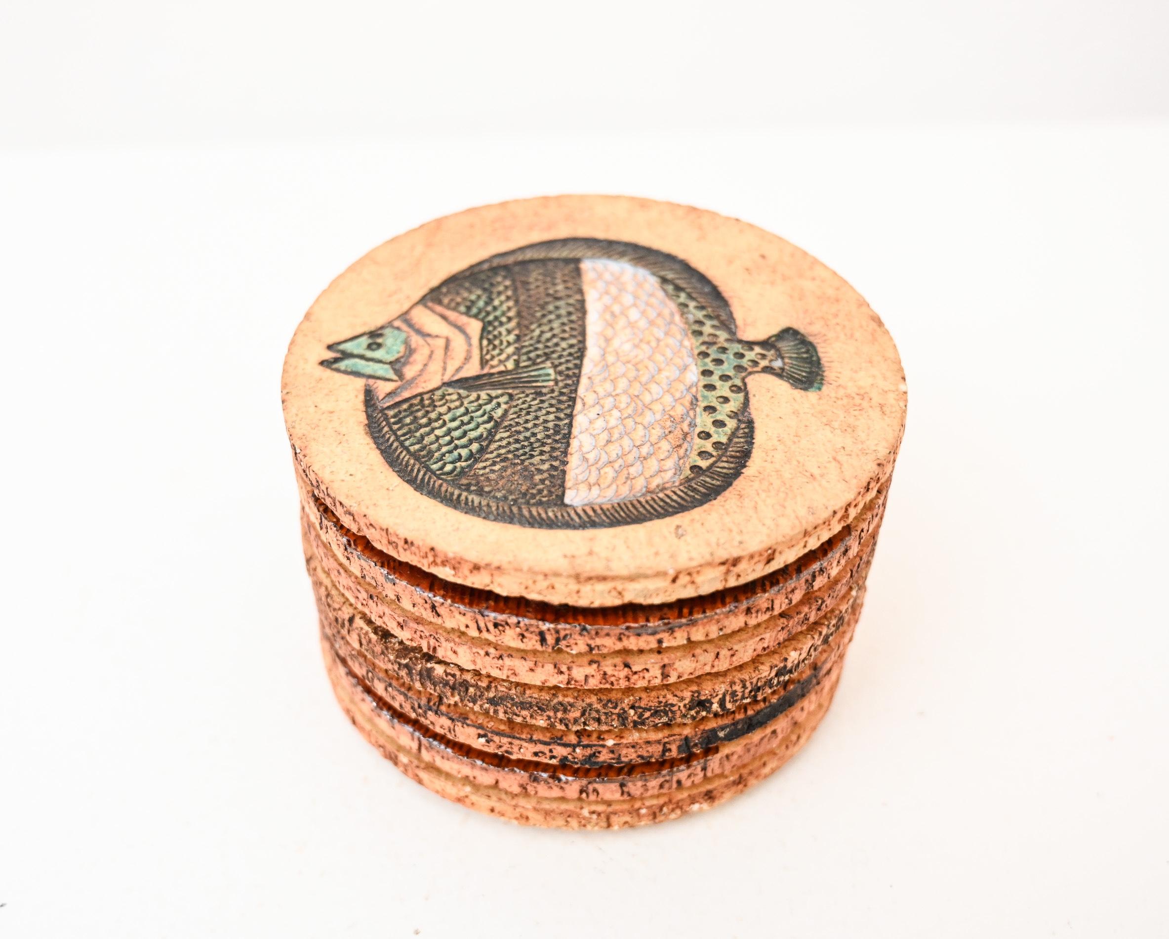 Mid-Century Modern Matched Set of 7 Midcentury Roger Capron Ceramic Coasters For Sale
