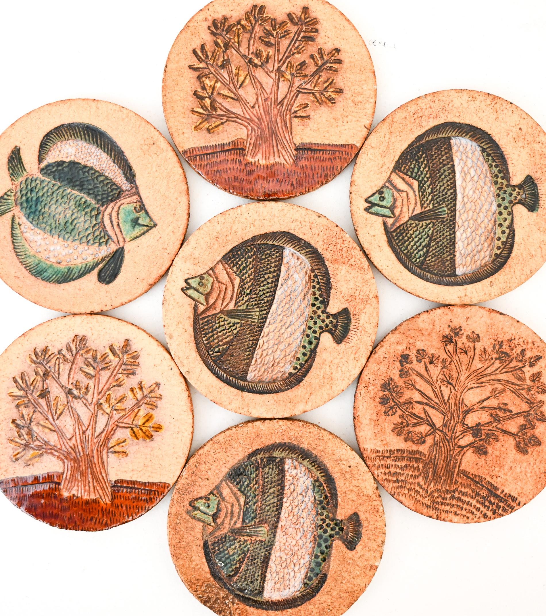Earthenware Matched Set of 7 Midcentury Roger Capron Ceramic Coasters For Sale