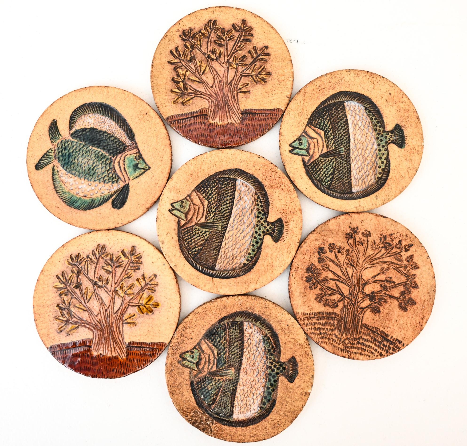 Matched Set of 7 Midcentury Roger Capron Ceramic Coasters For Sale 1