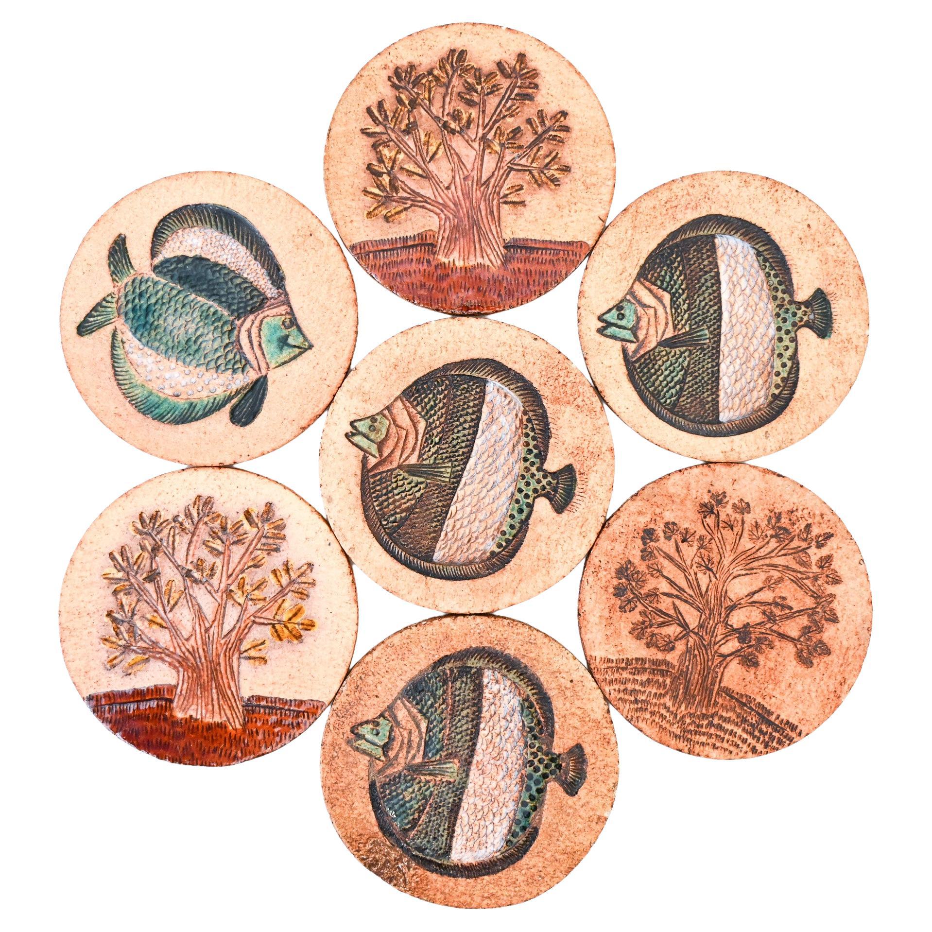 Matched Set of 7 Midcentury Roger Capron Ceramic Coasters