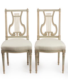 Matched Set of 8 Lyre Design Pale Blue and White Painted French Dining Chairs