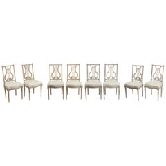 Matched Set of 8 Lyre Design Pale Blue and White Painted French Dining Chairs