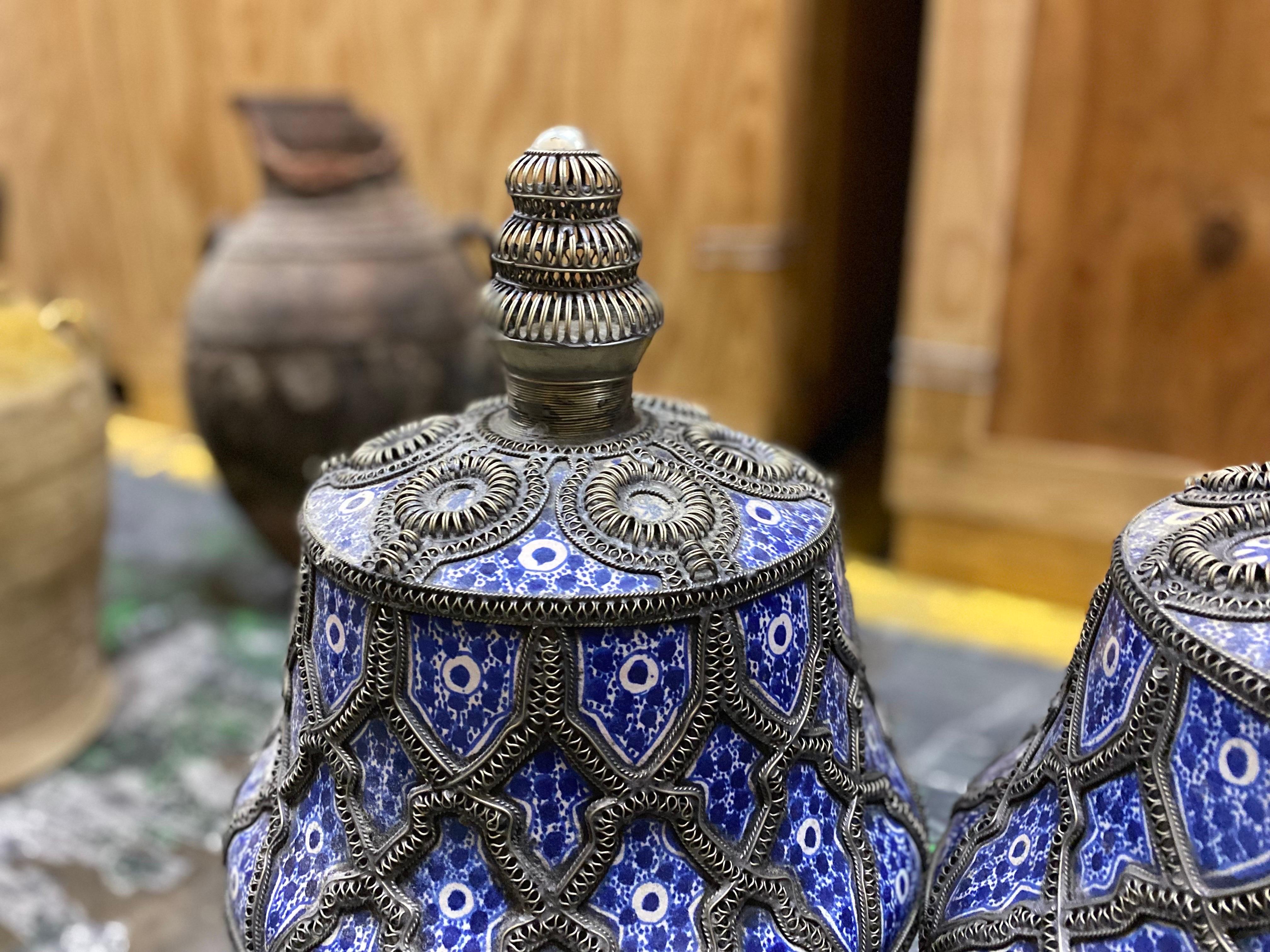 Matched Set of Blue Moroccan Vases with Tops, Late 20th Century For Sale 6