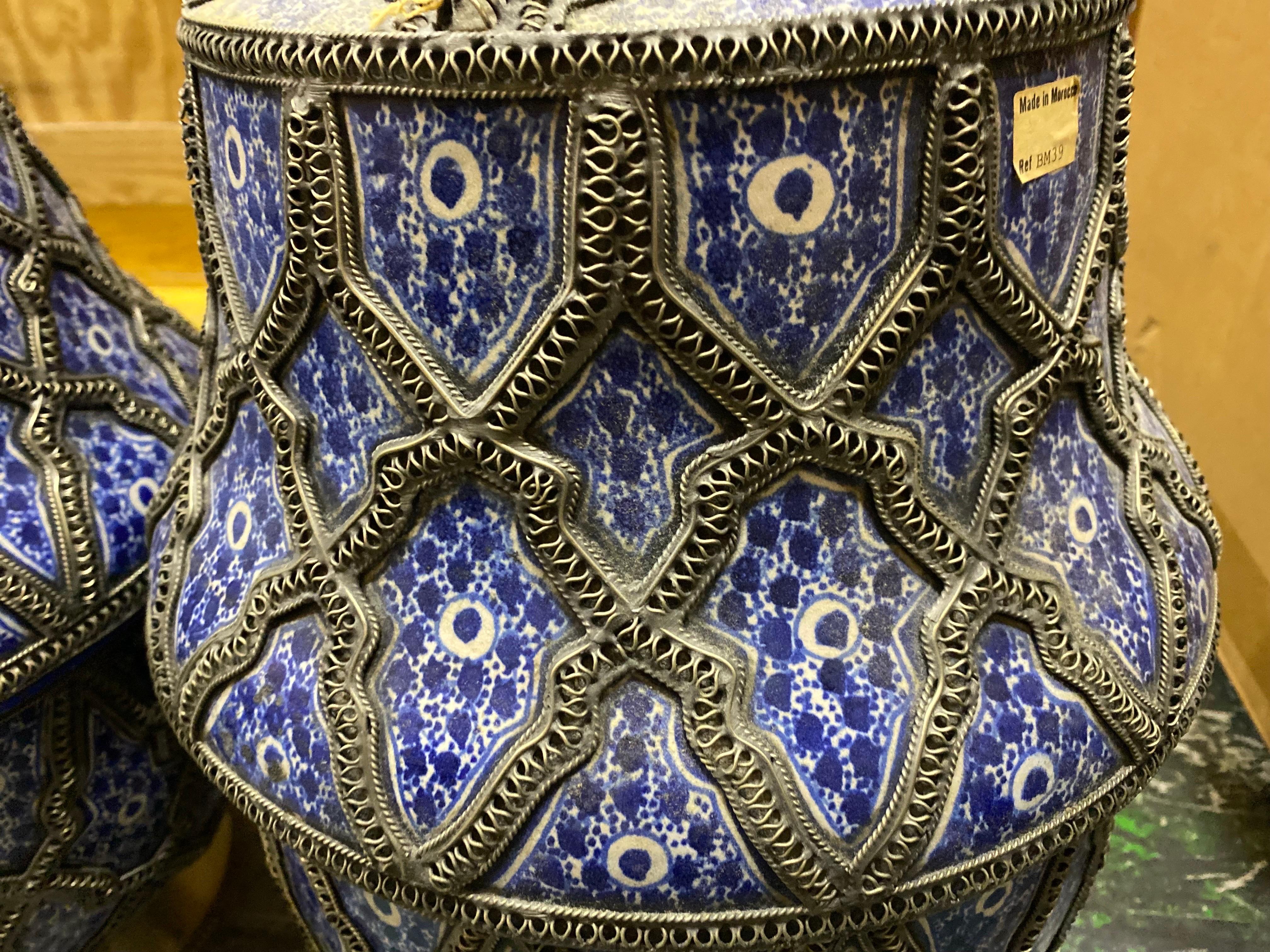 Matched Set of Blue Moroccan Vases with Tops, Late 20th Century For Sale 2