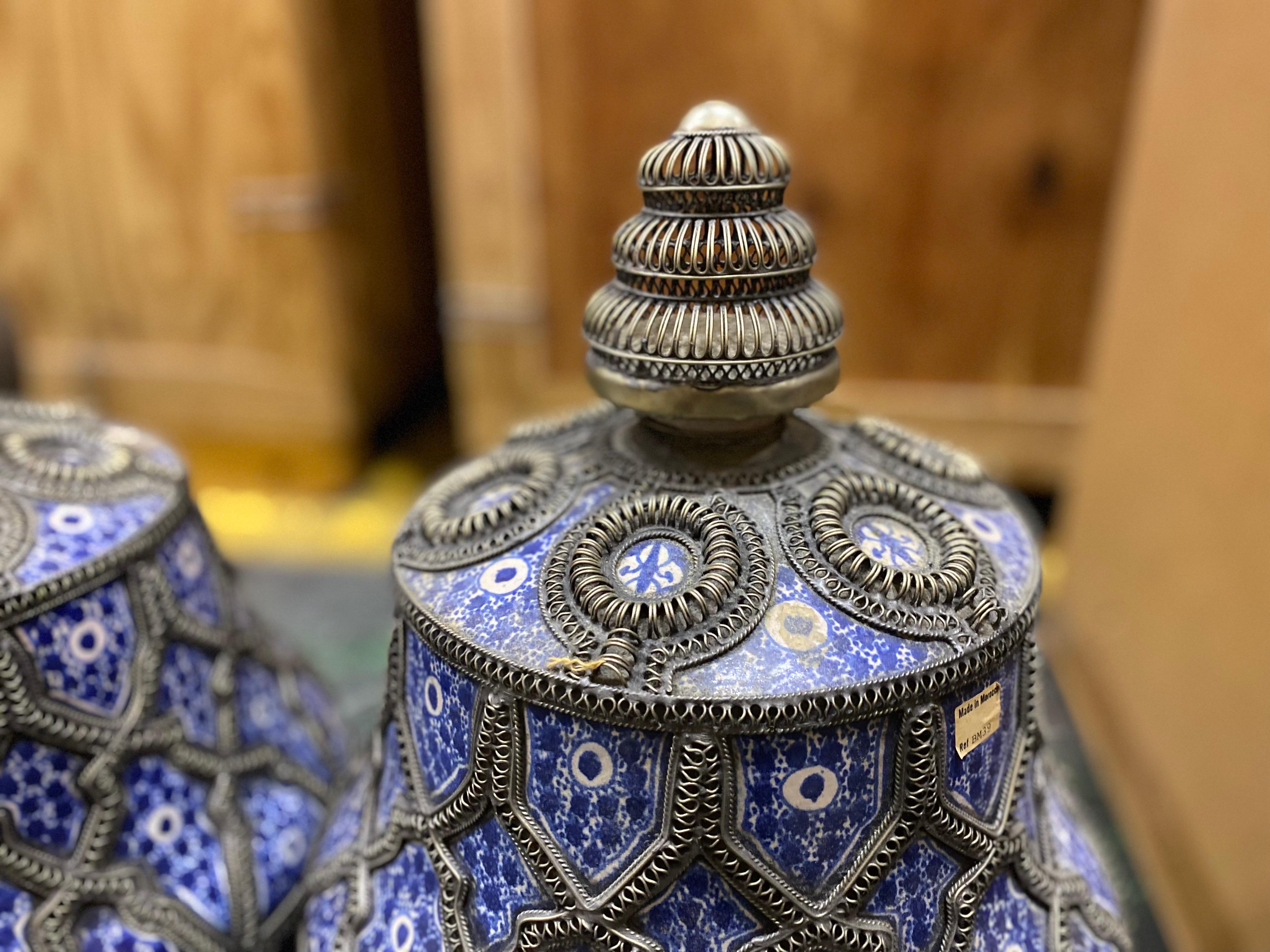 Matched Set of Blue Moroccan Vases with Tops, Late 20th Century For Sale 3
