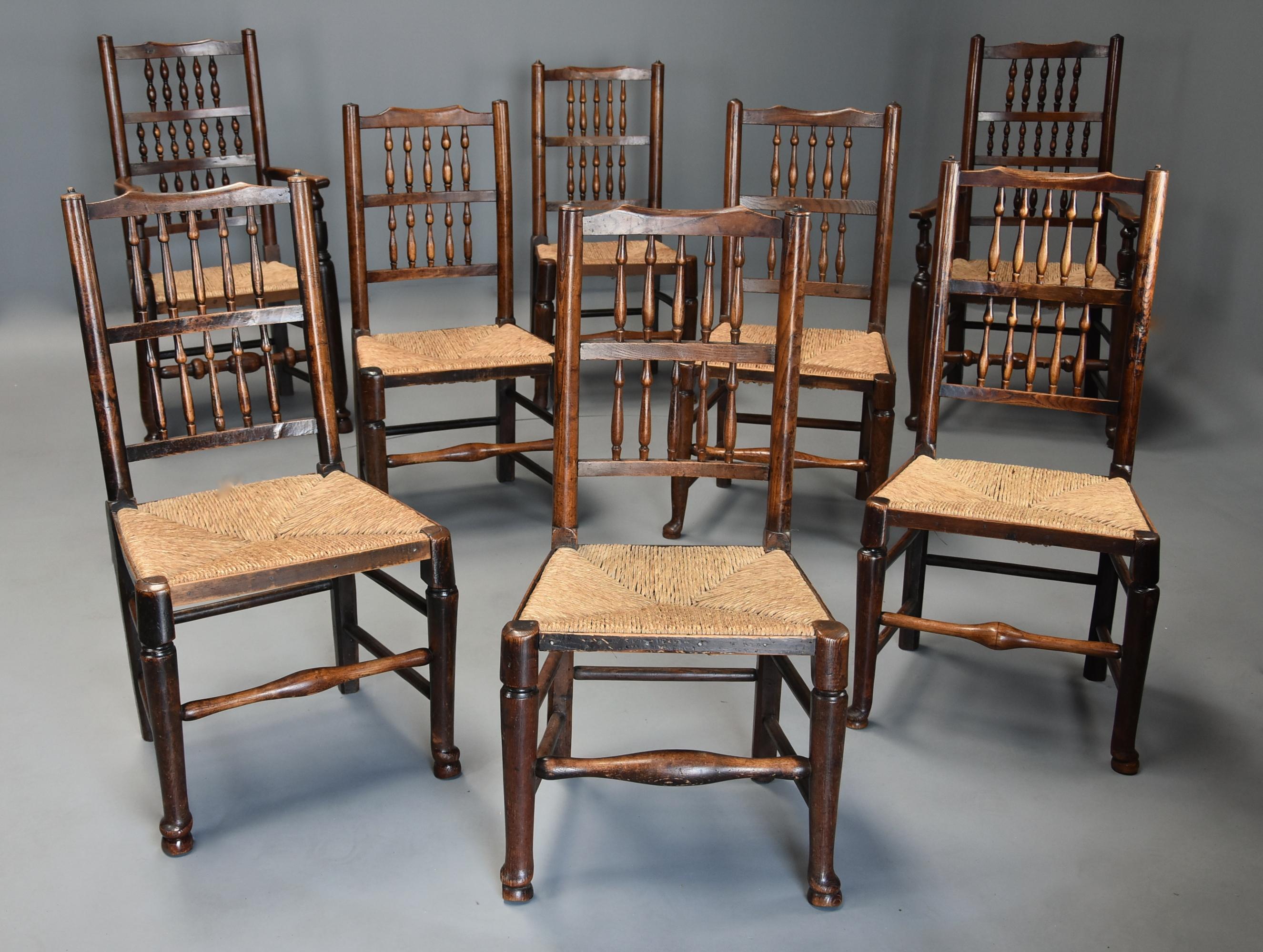 A matched set of eight mid-19th century ash spindle back chairs from the North West region of superb patina (color).

This set of chairs consist of two armchairs and six single chairs, the armchairs each with a shaped top rail with upper and lower