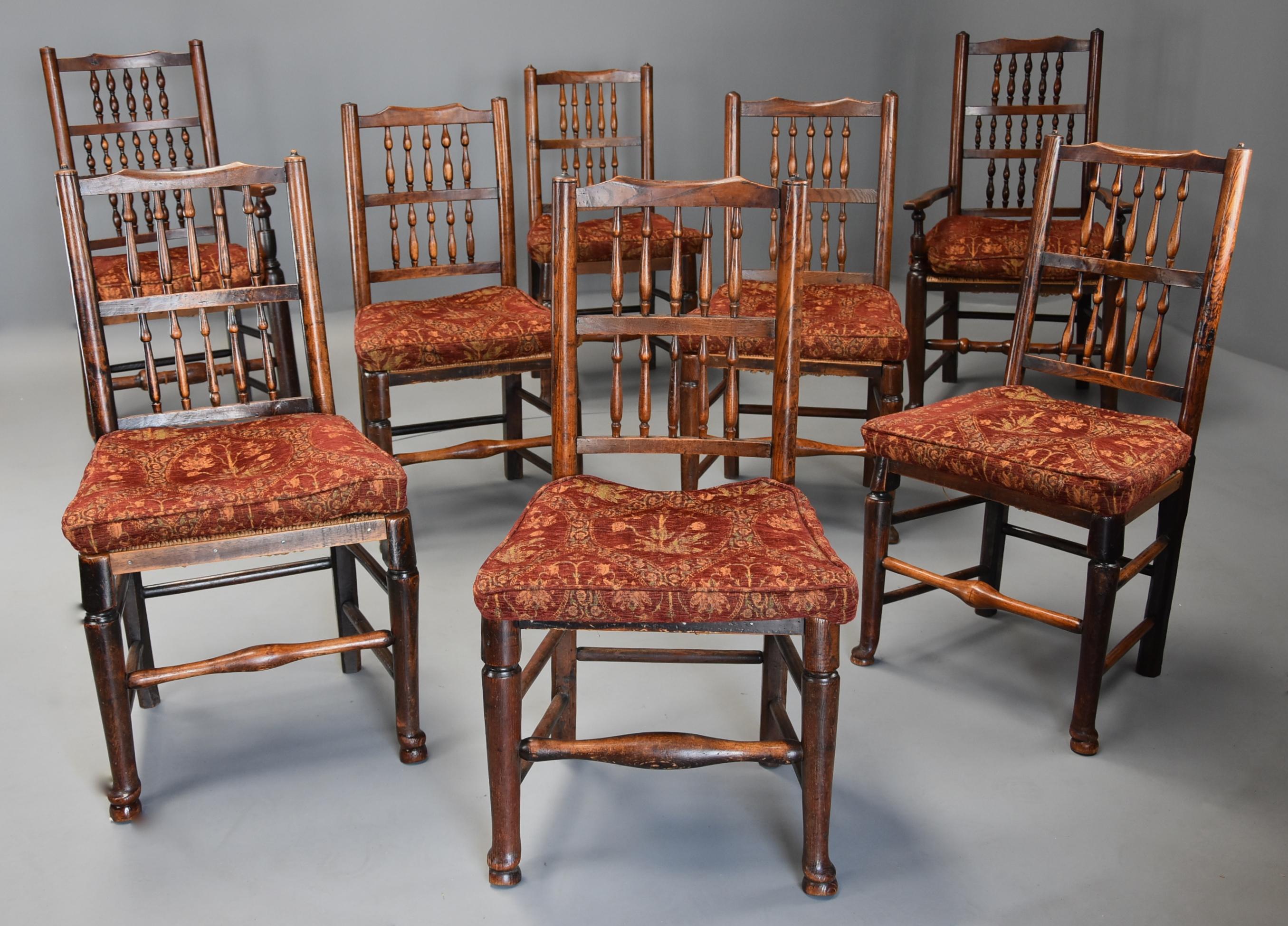 English Matched Set of Eight Mid-19th Century Ash Spindle Back Chairs of Superb Patina For Sale