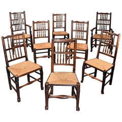 Antique Matched Set of Eight Mid-19th Century Ash Spindle Back Chairs of Superb Patina