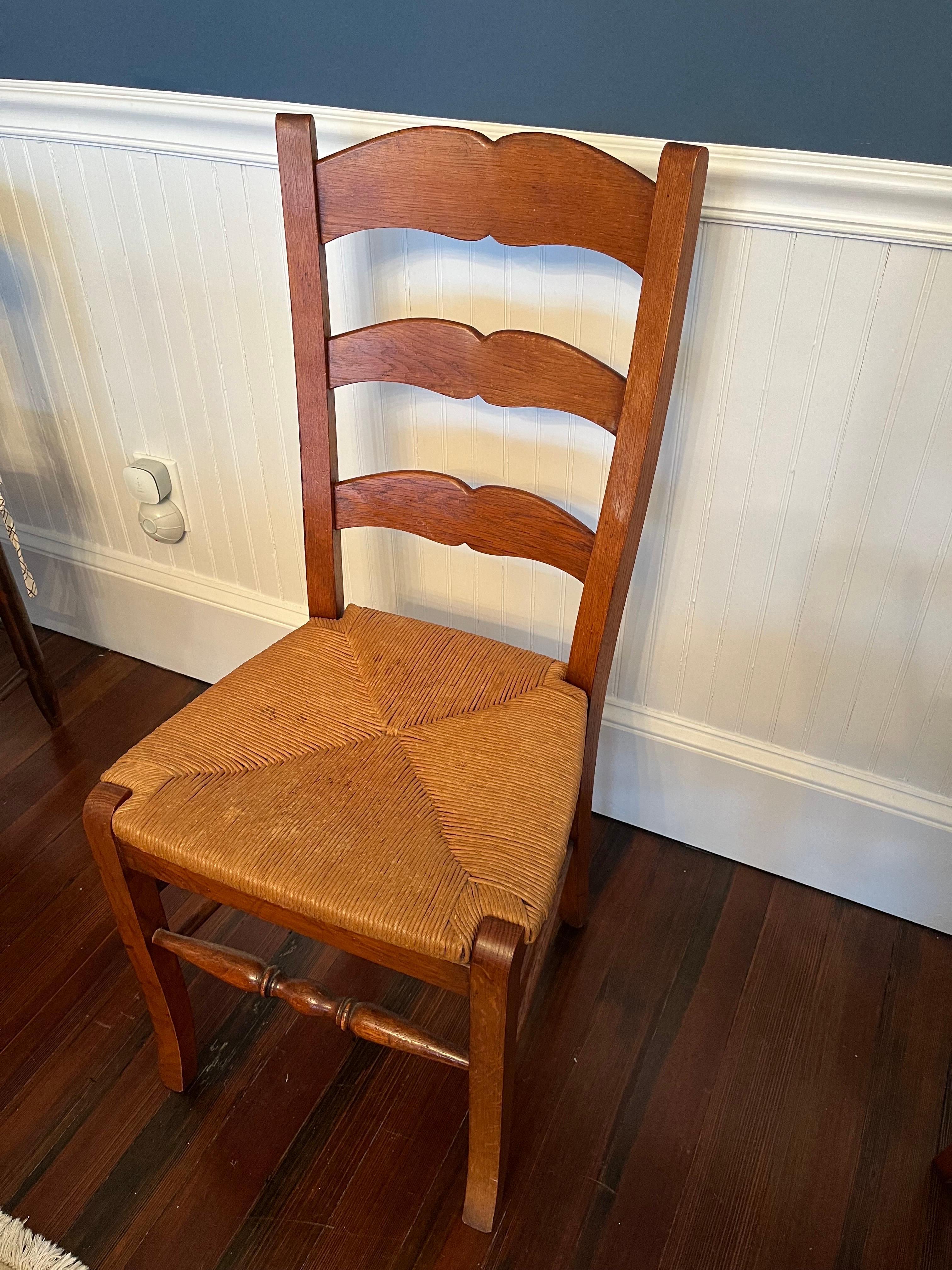 Matched Set of Four Oak Ladder Back Rush Dining Chairs 6
