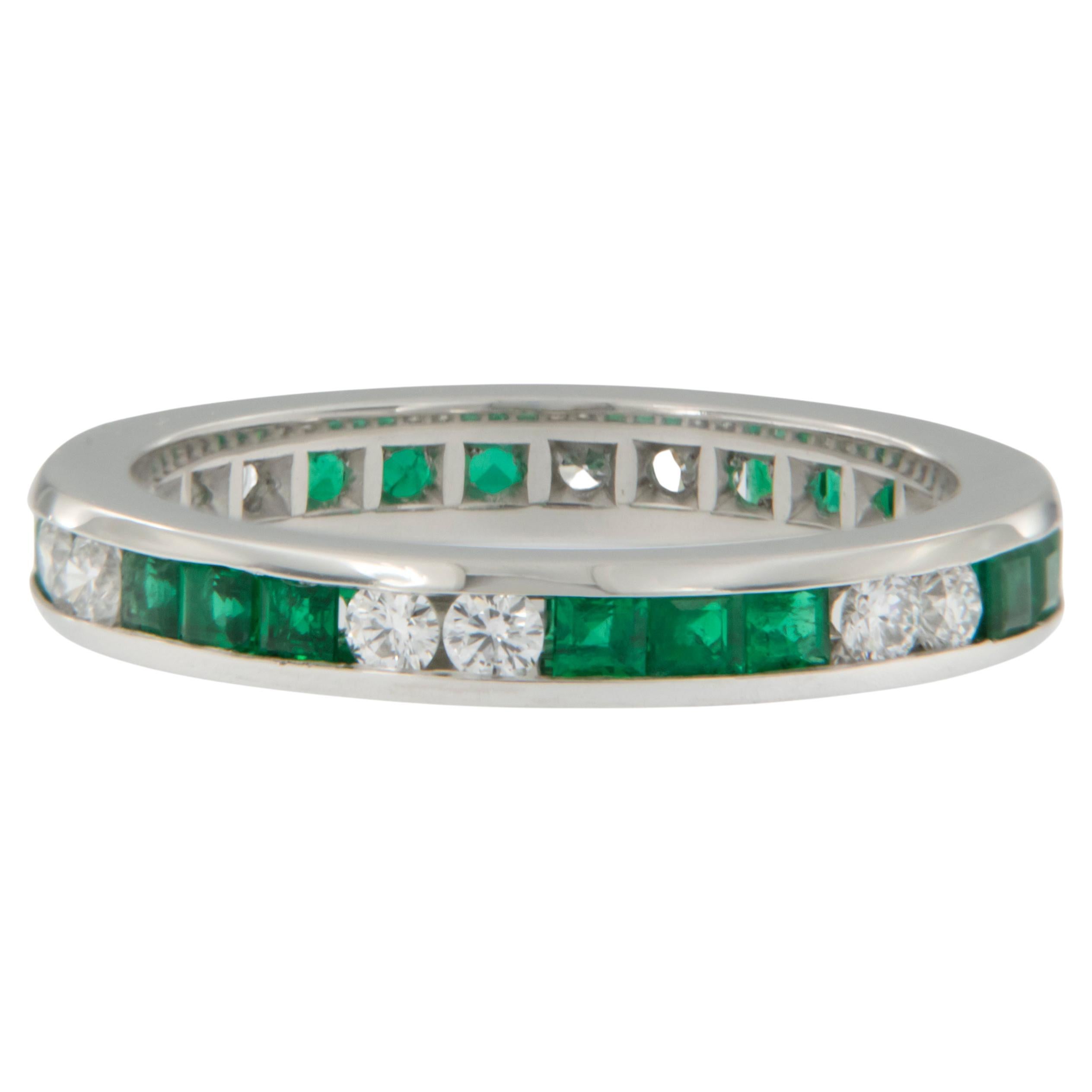 Made in New York & known for his superb, finest quality gems & craftsmanship, this set of unbelievable platinum eternity bands are jaw dropping gorgeous! Each fine richly colored emeralds are precision cut & matched with the fine diamonds and