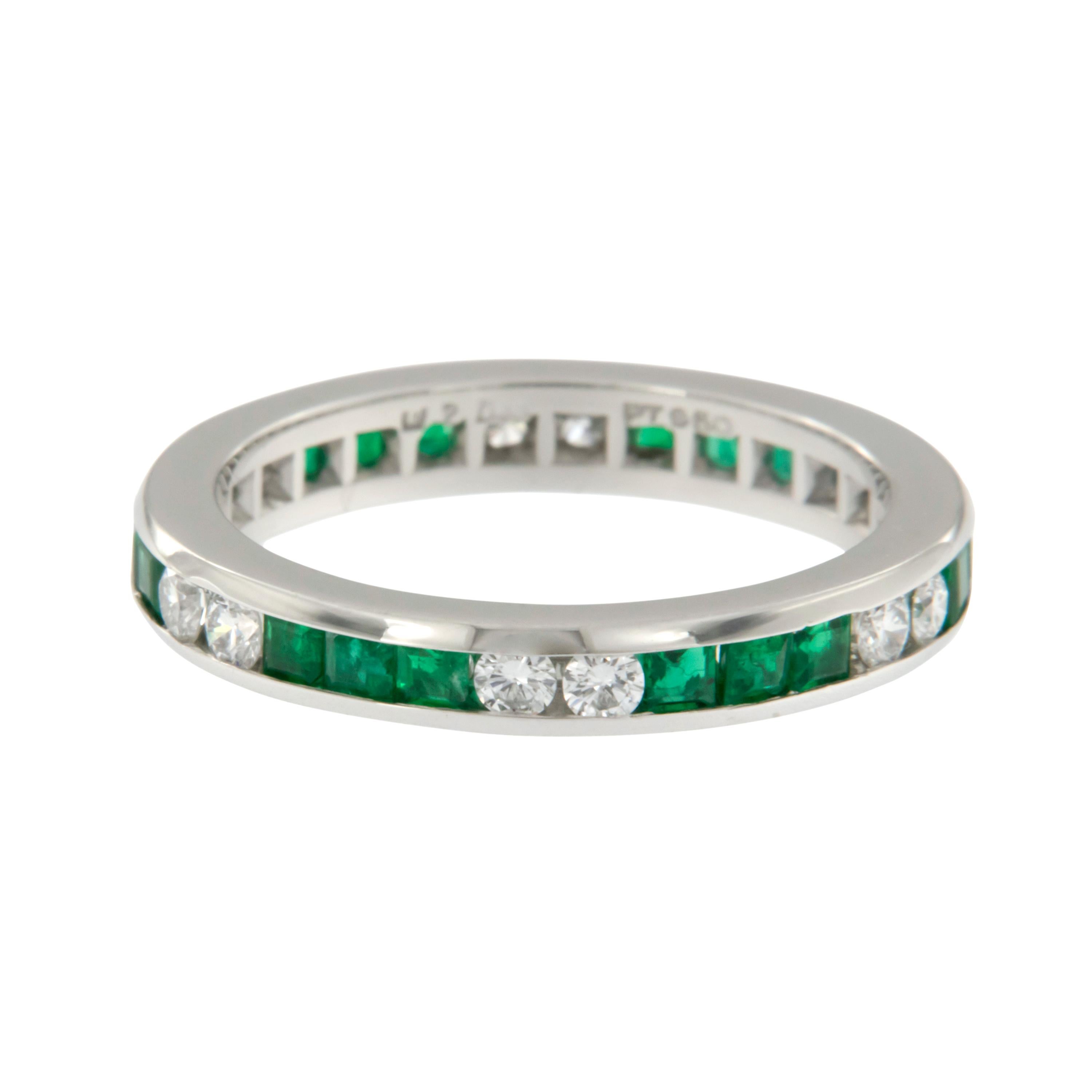 Square Cut Matched Set of Plat 1.35 Cttw Emeralds and 0.43 Cttw Diamond Eternity Bands