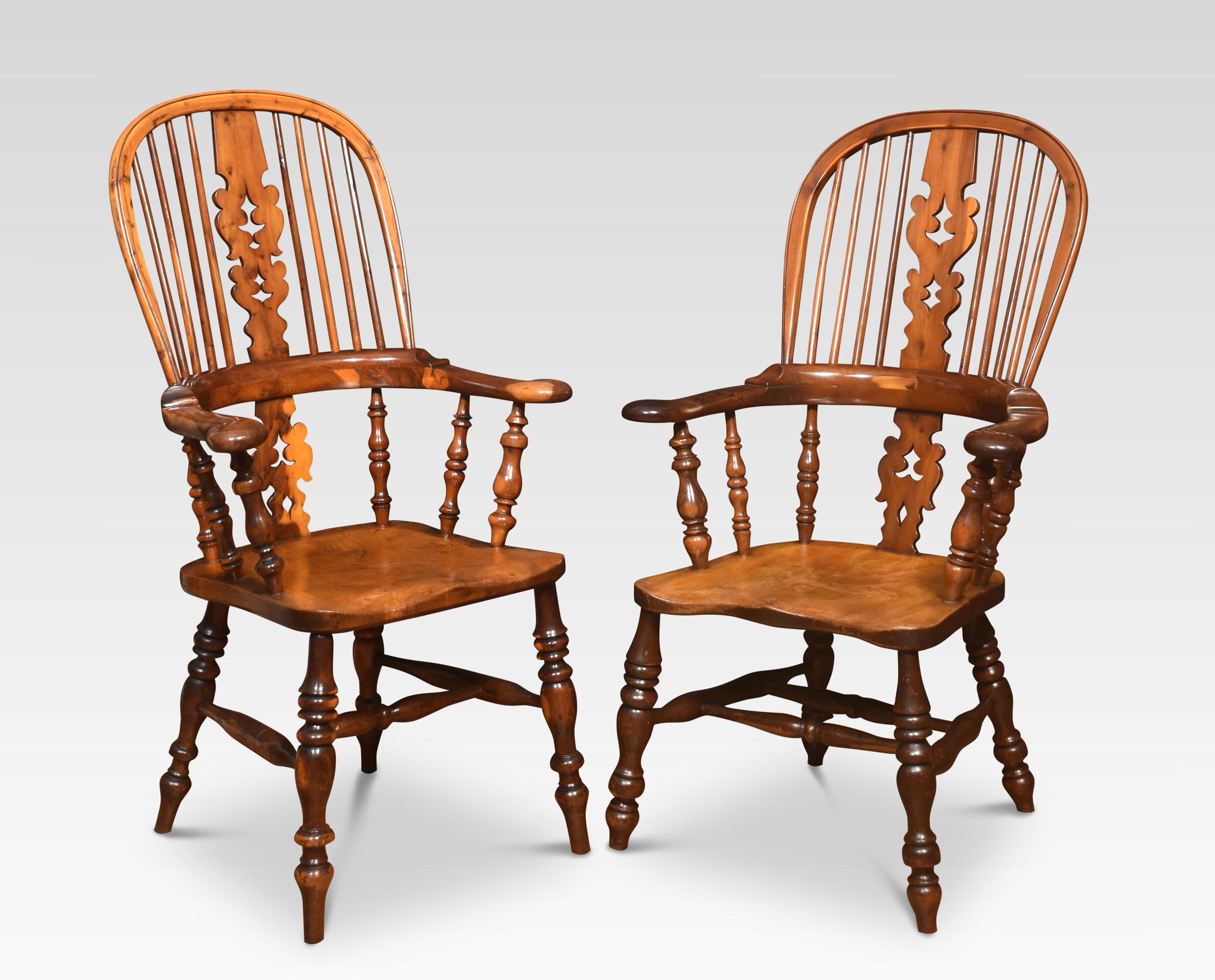 Matched set of six 19th century yew wood broad arm Windsor chairs, the hoop backs with a pierced and shaped central splat above ash and elm seats surrounded by broad arms. Raised up on turned legs united by stretchers.
Dimensions

Tallest