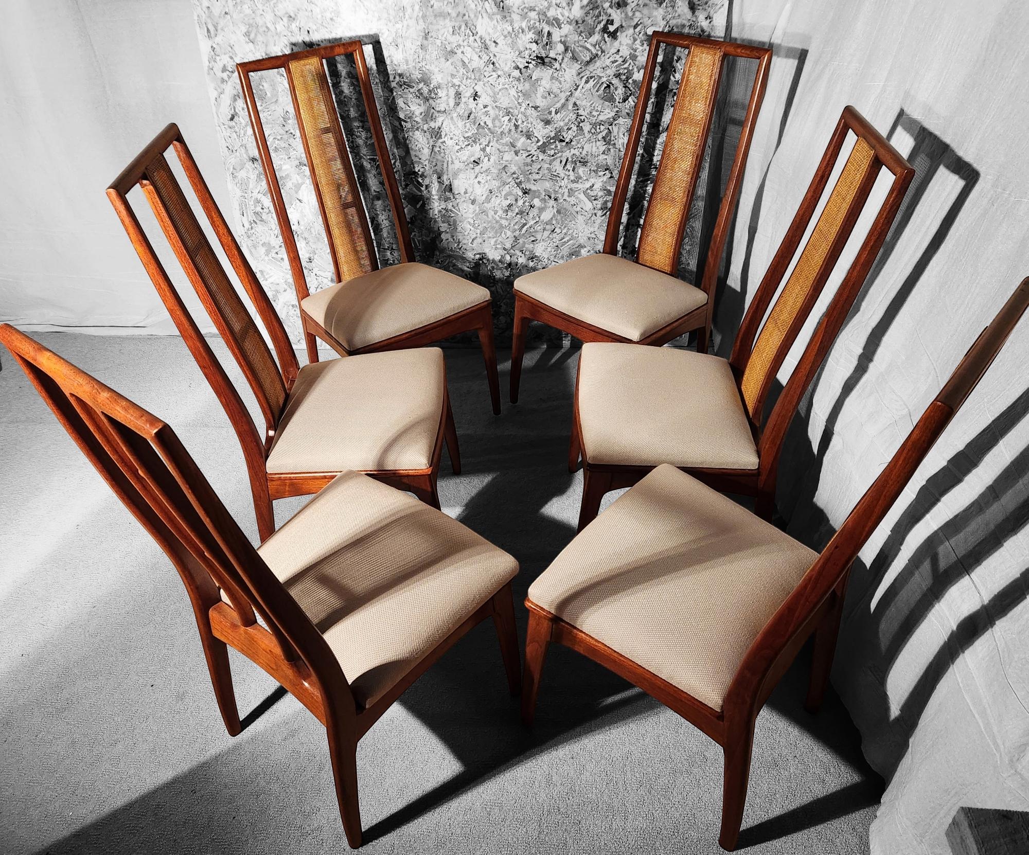 Mid-Century Modern Matched Set of Six Caned Back Walnut and Cane Back Chairs by John Stuart 1950s