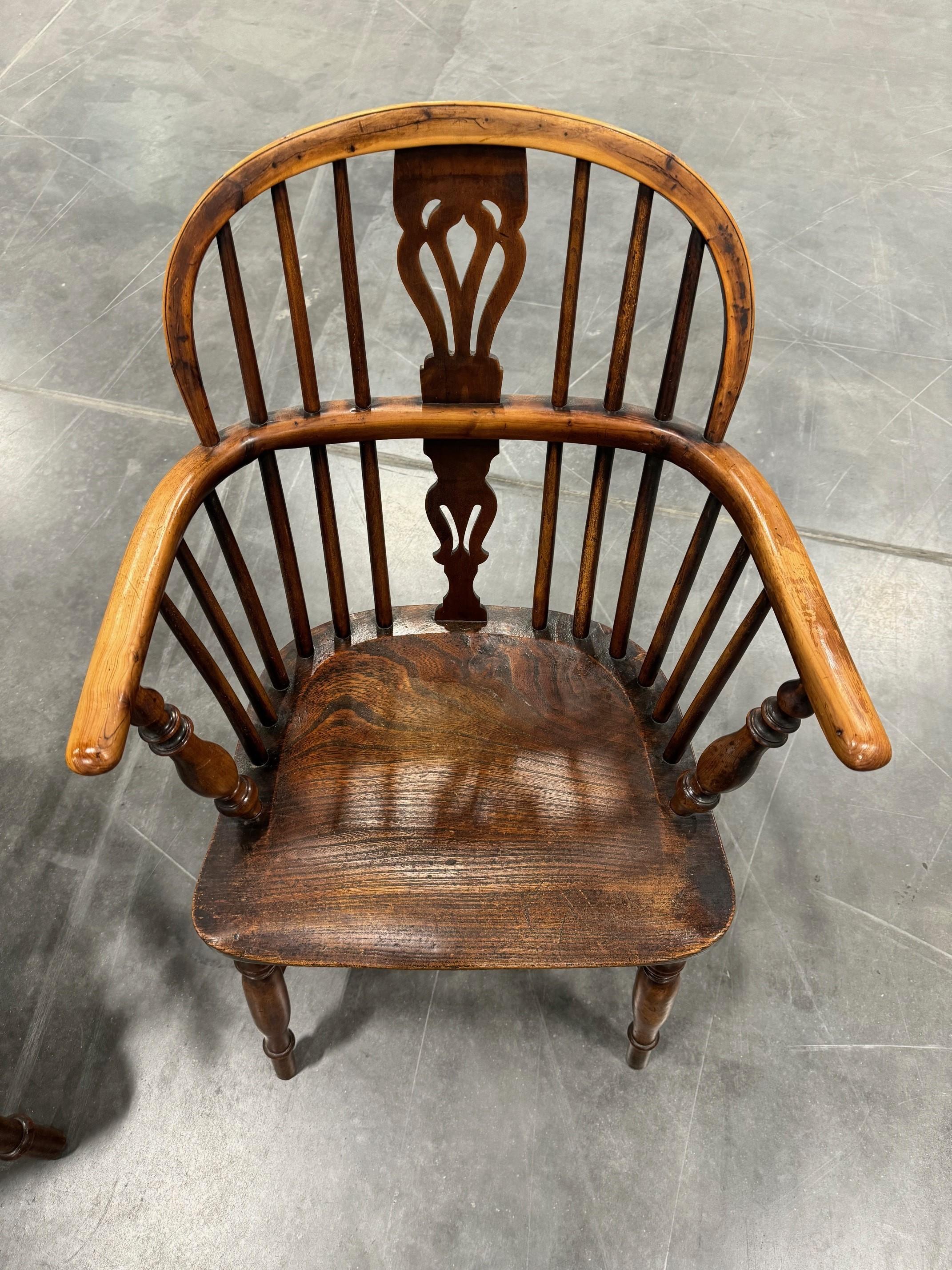 Matched Set of Two Early Low back Yew Wood Windsor Chairs For Sale 3