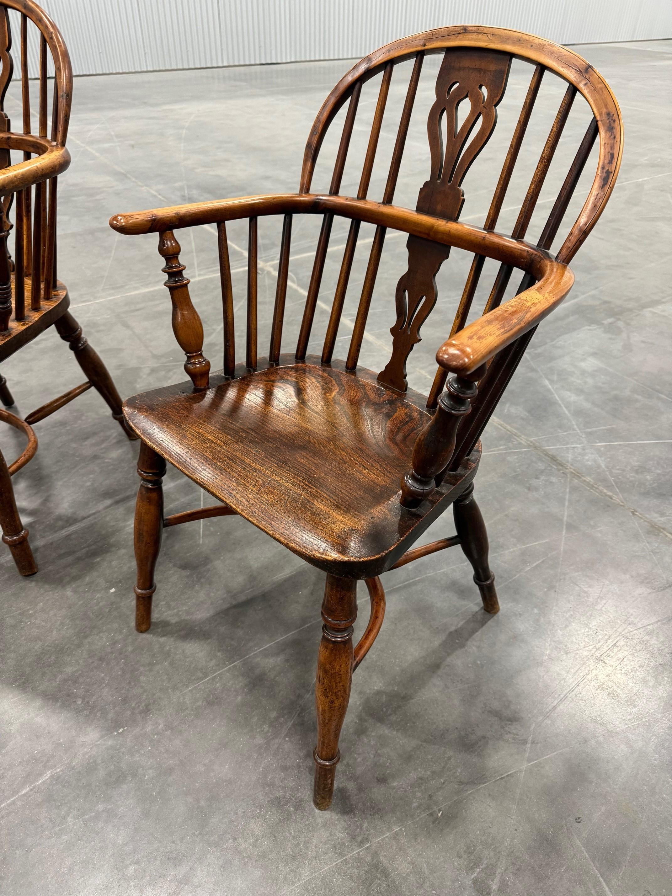 Matched Set of Two Early Low back Yew Wood Windsor Chairs For Sale 6
