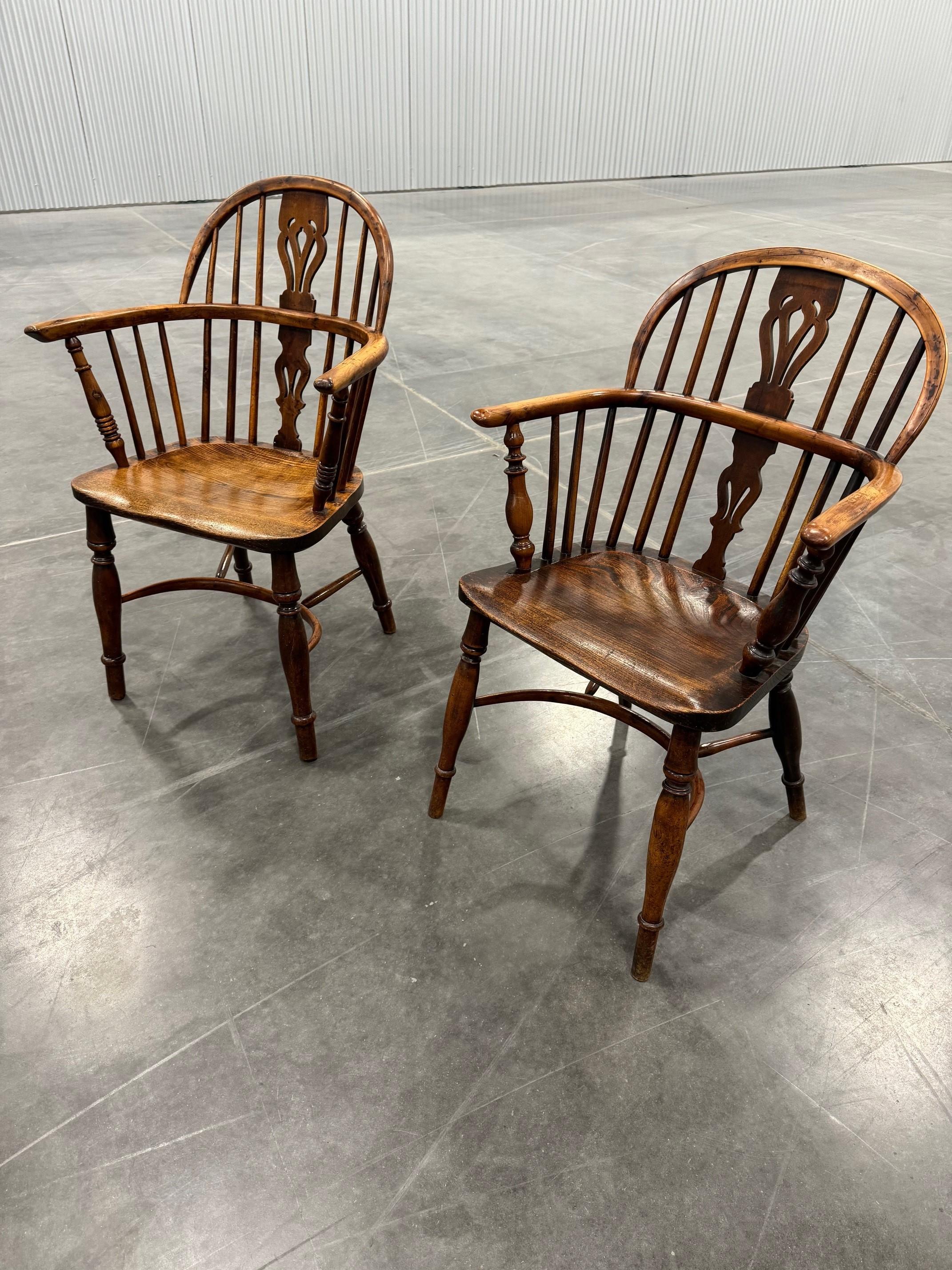 Matched Set of Two Early Low back Yew Wood Windsor Chairs For Sale 8