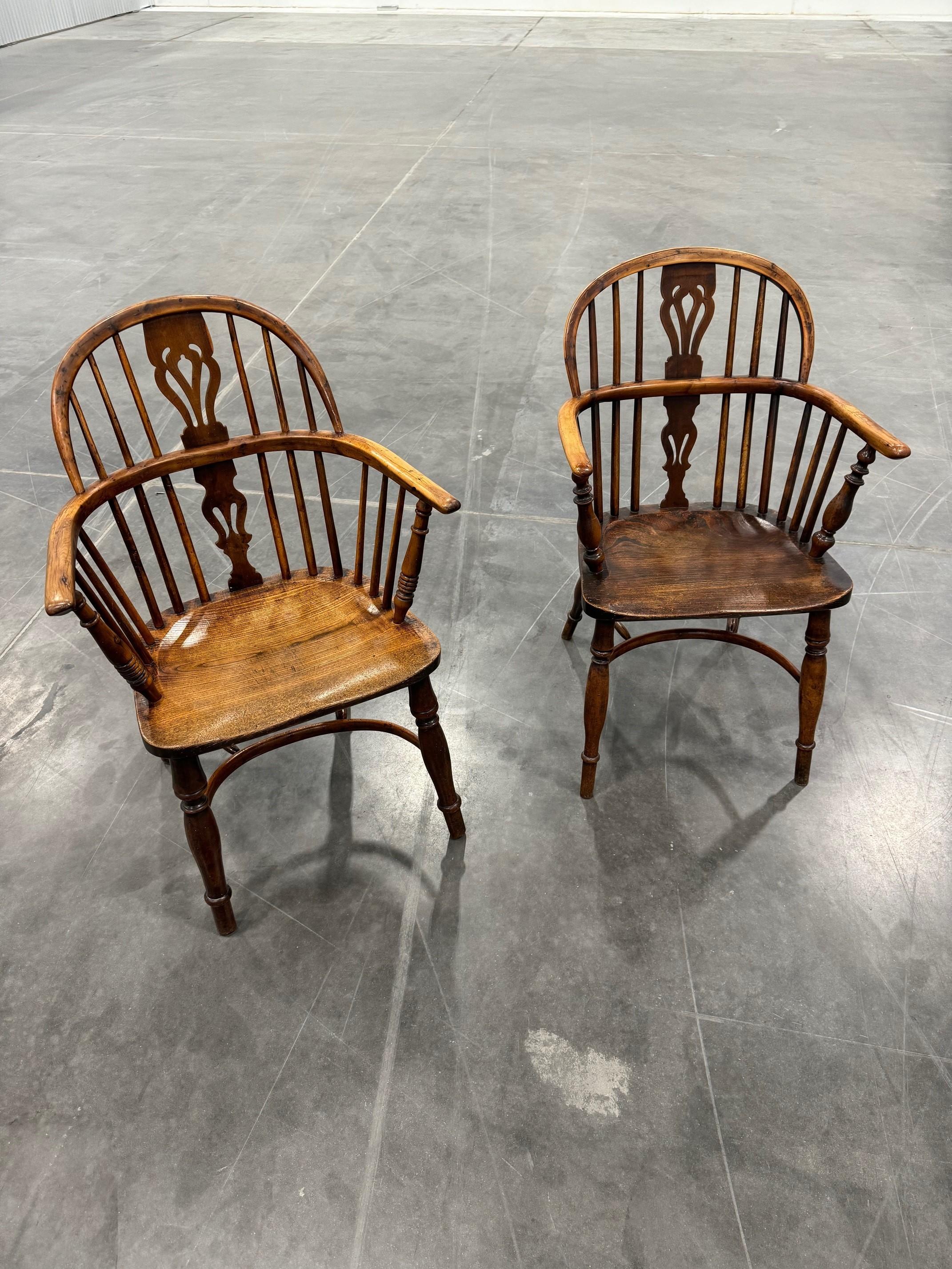 Matched Set of Two Early Low back Yew Wood Windsor Chairs For Sale 9