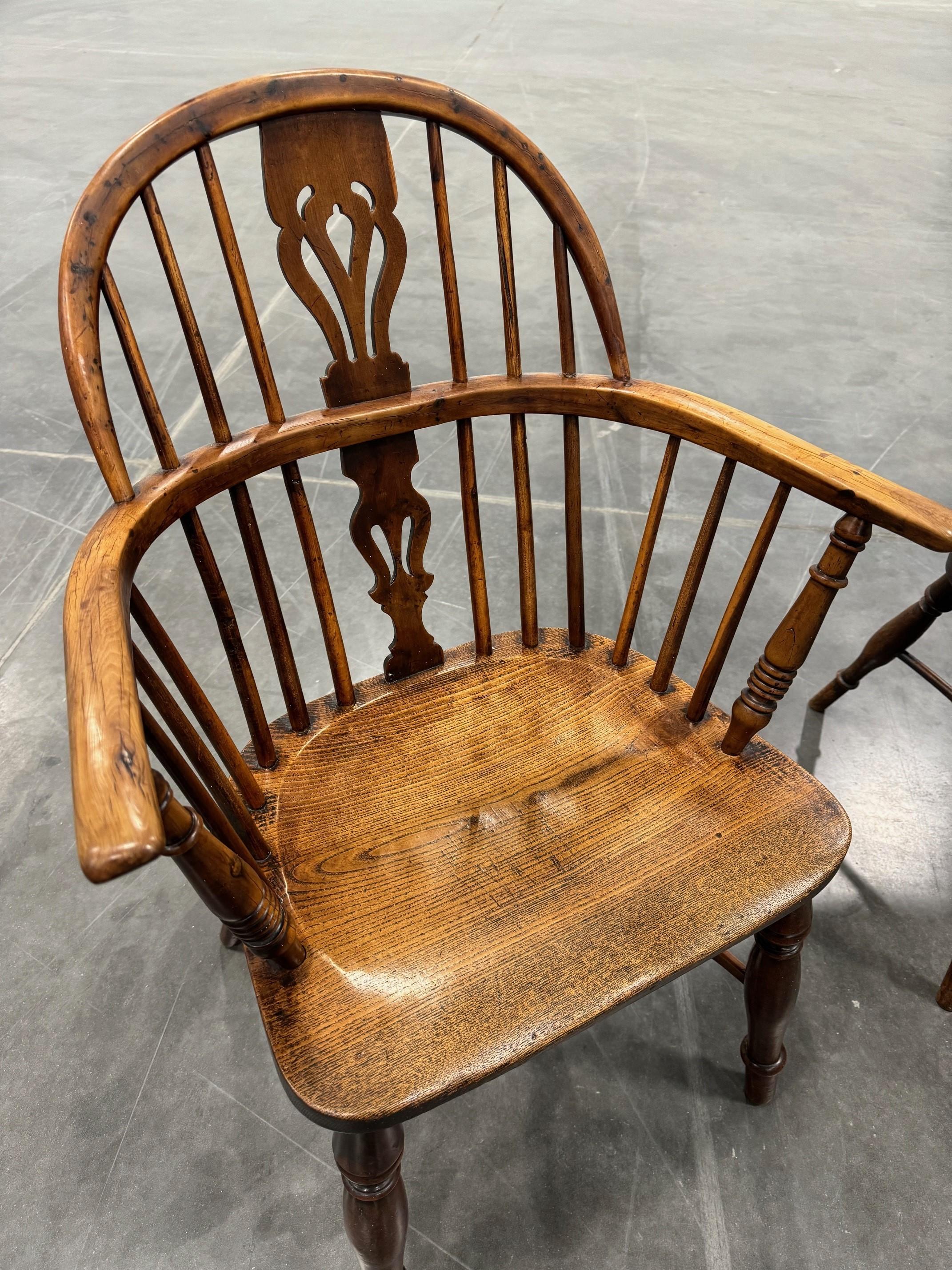 Matched Set of Two Early Low back Yew Wood Windsor Chairs For Sale 10