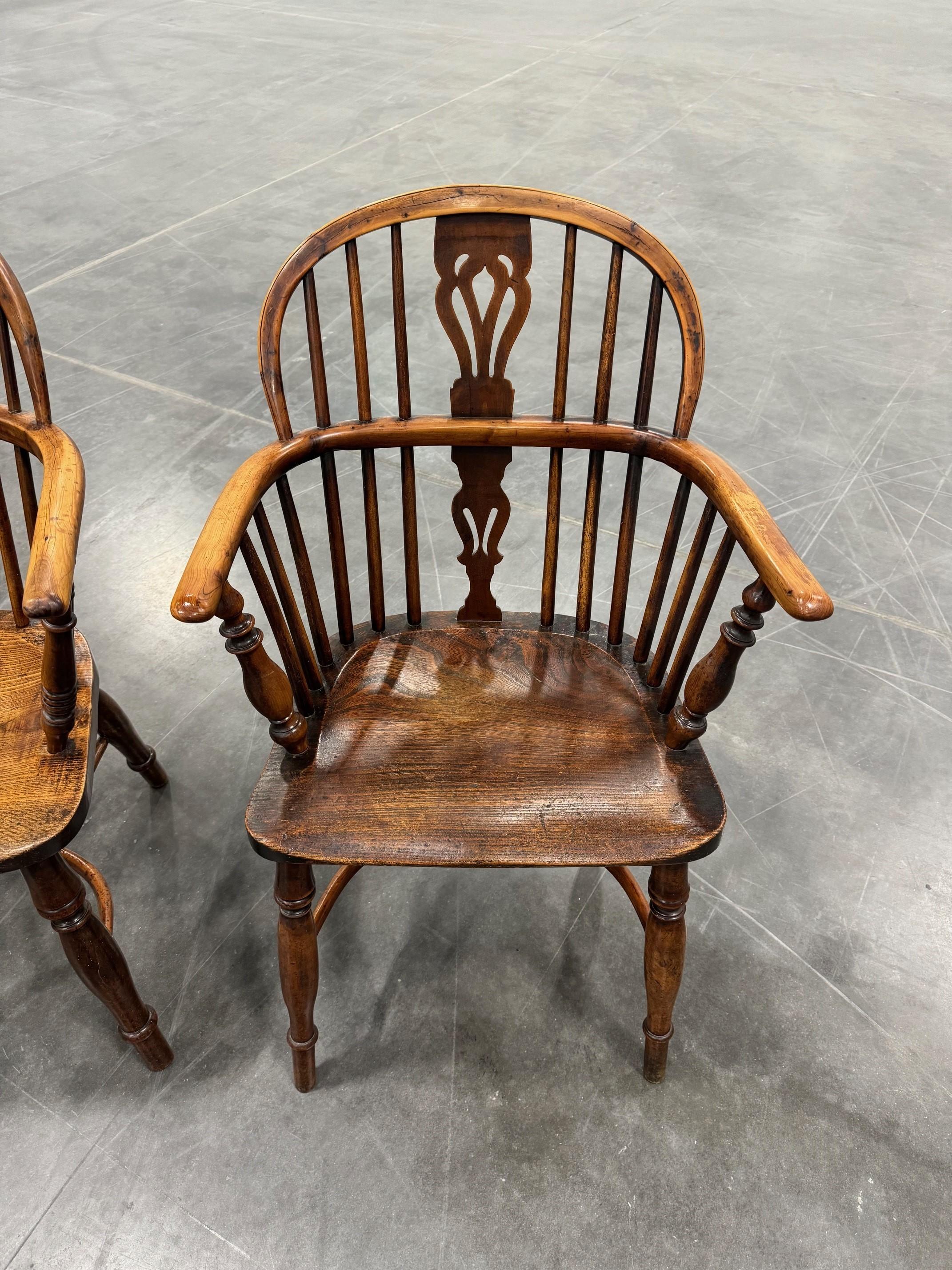Victorian Matched Set of Two Early Low back Yew Wood Windsor Chairs For Sale