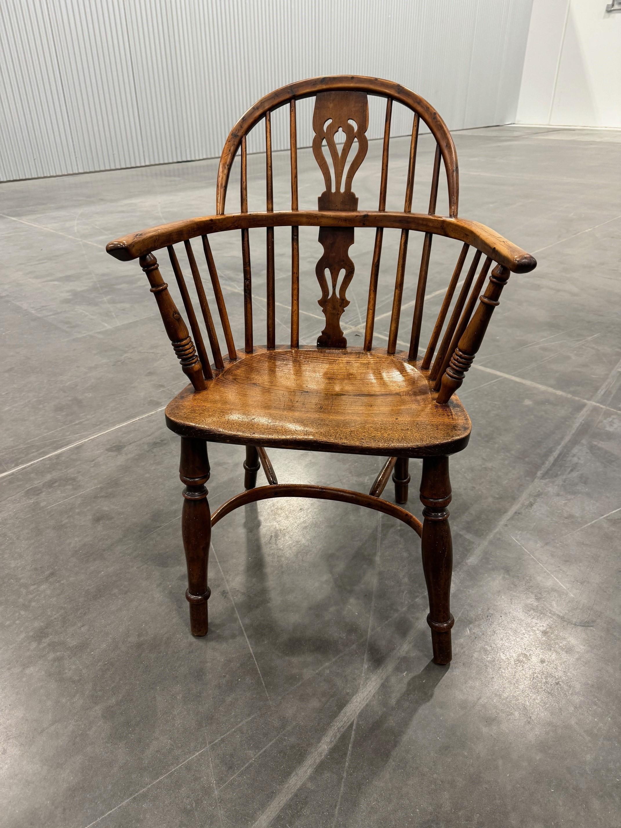 Matched Set of Two Early Low back Yew Wood Windsor Chairs For Sale 1