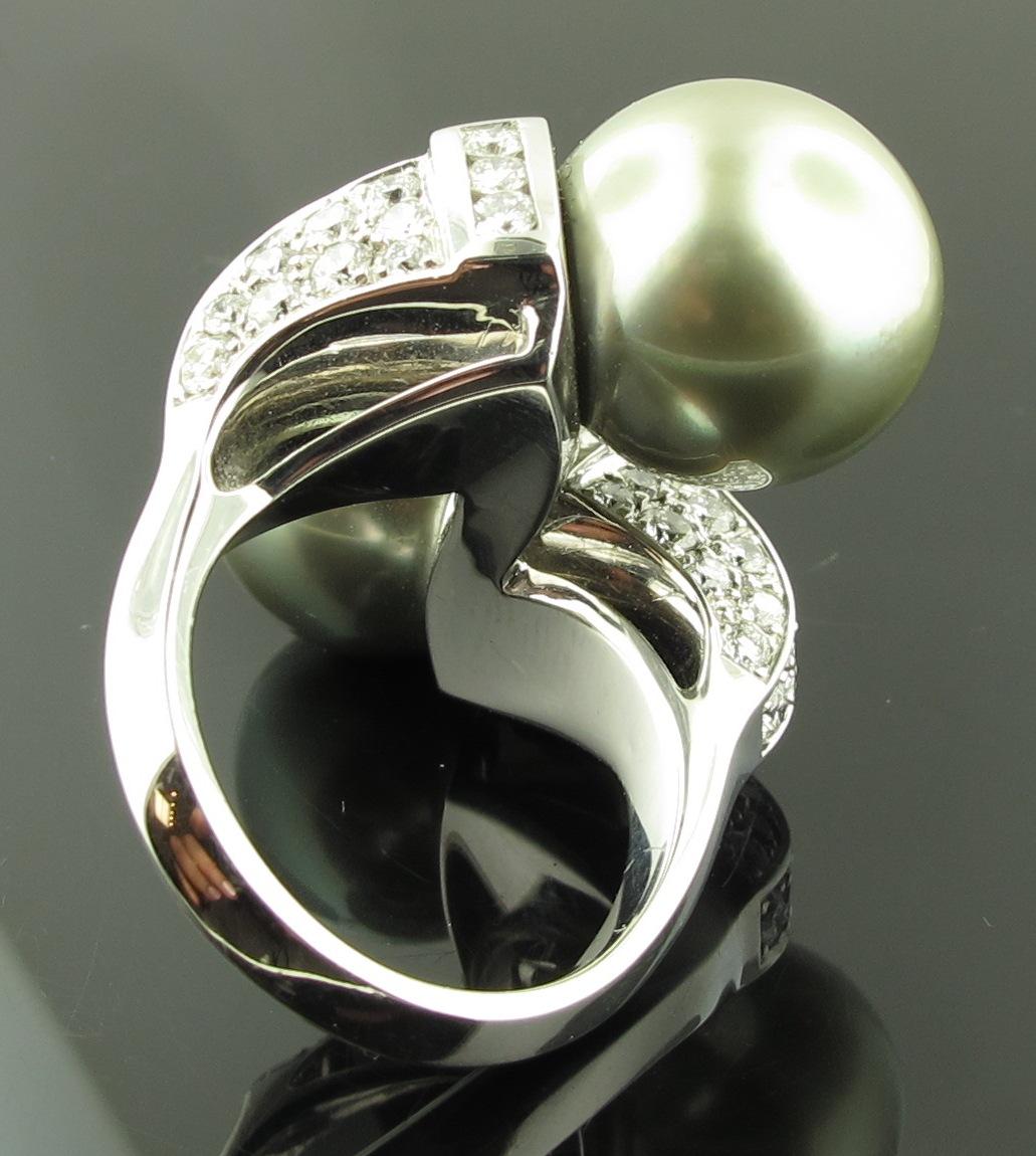 Round Cut Matched Tahitian Pearl and Diamond Cross-Over Ring in 18 karat white gold  For Sale