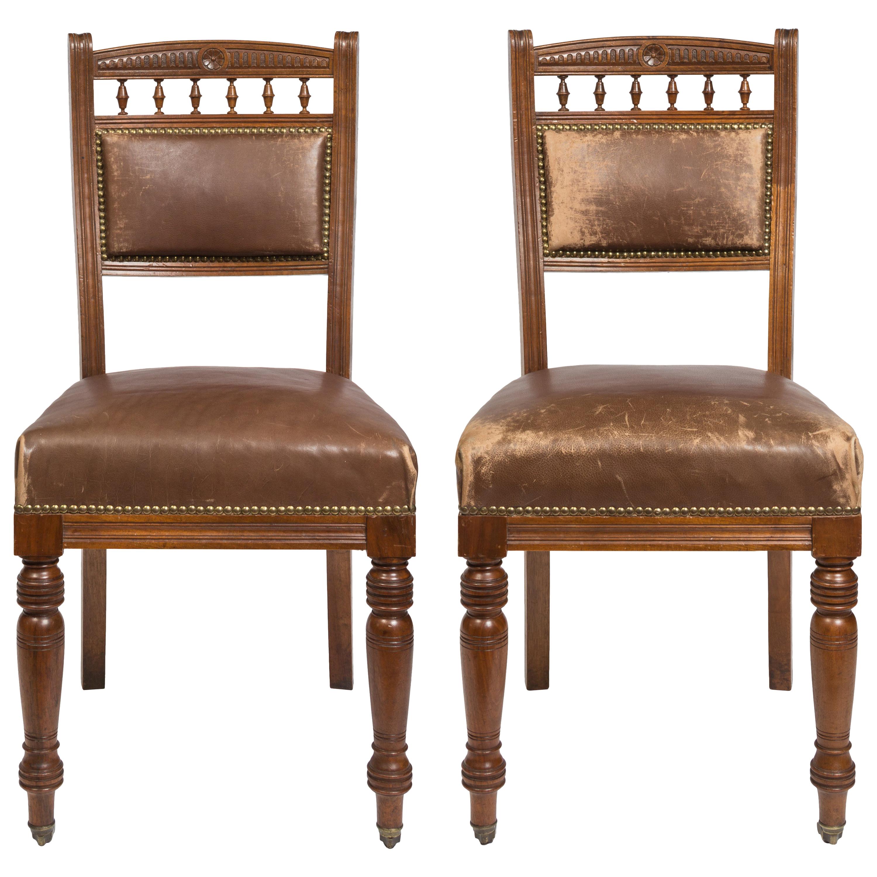Matched Pair Victorian Style Chocolate Brown Leather Upholstered Dining Chairs