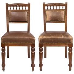 Antique Matched Pair Victorian Style Chocolate Brown Leather Upholstered Dining Chairs