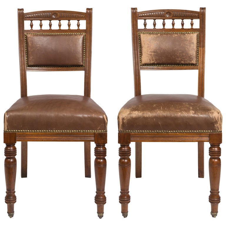 Matched Pair Victorian Style Chocolate, Leather And Upholstered Dining Chairs